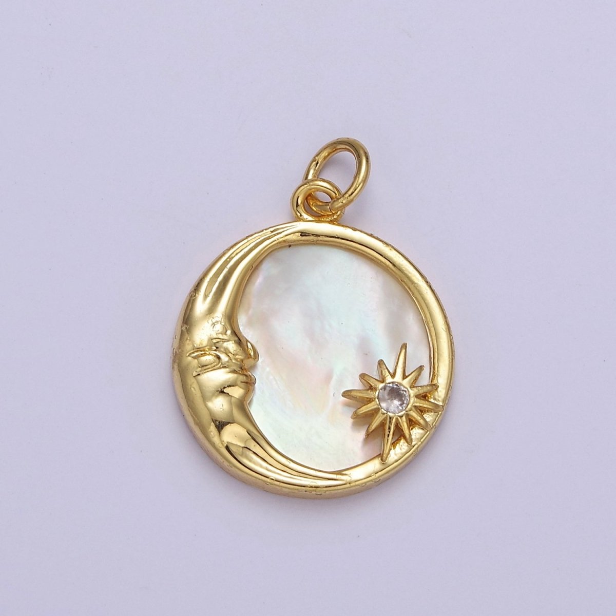 14K Gold Filled Celestial Crescent Moon Star Mother of Pearl Round Charm E-656