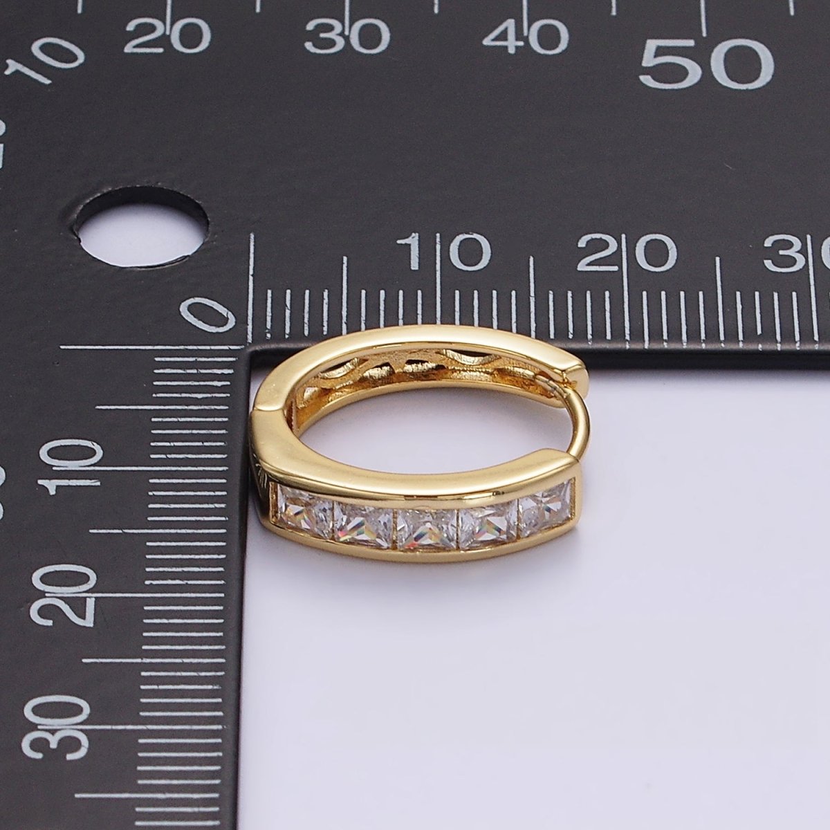 14K Gold Filled Clear, Black Square Baguette CZ Lined Oval Huggie | AE630 AE631
