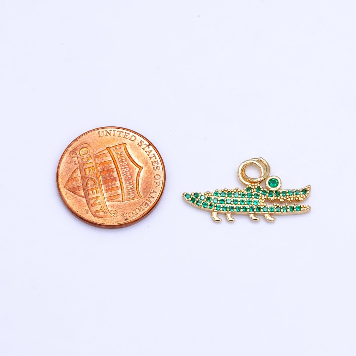 14K Gold Filled Clear. Green Micro Paved CZ Crocodile Charm | C648