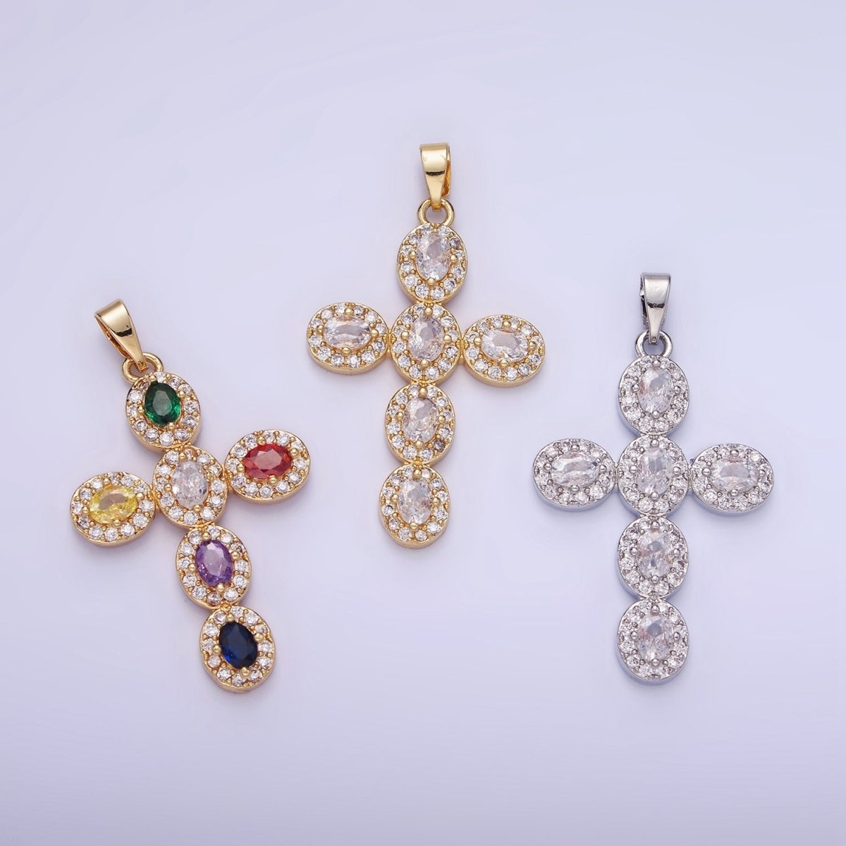 14K Gold Filled Clear, Multicolor Micro Paved Oval Cross Pendant in Gold & Silver | AA1166 AA1167