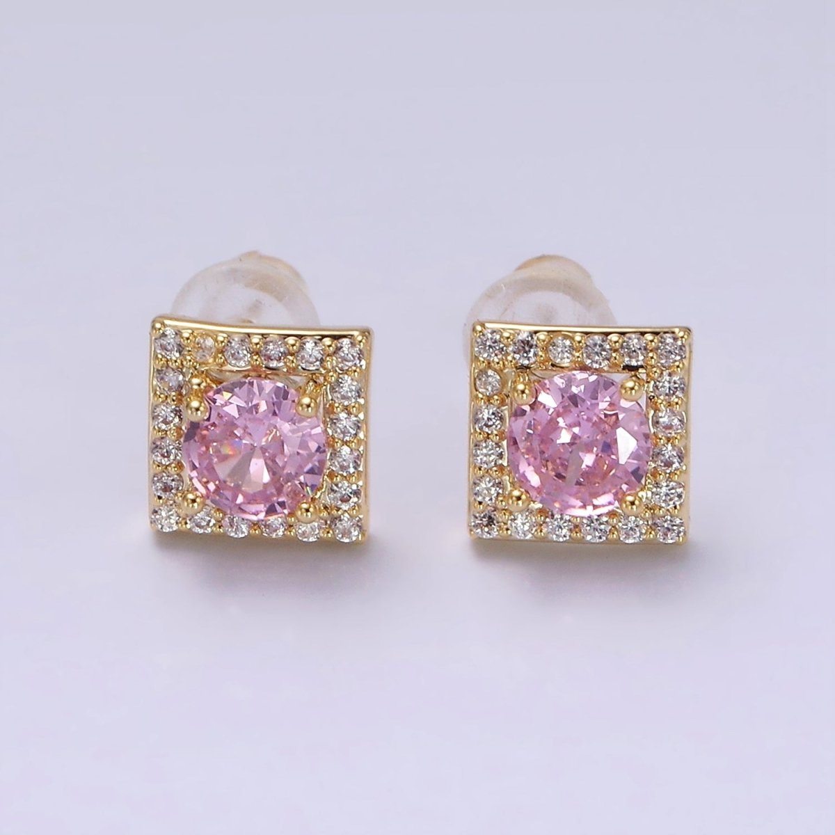 14K Gold Filled Clear, Pink CZ Micro Paved Square Stud Earrings | V273 V274