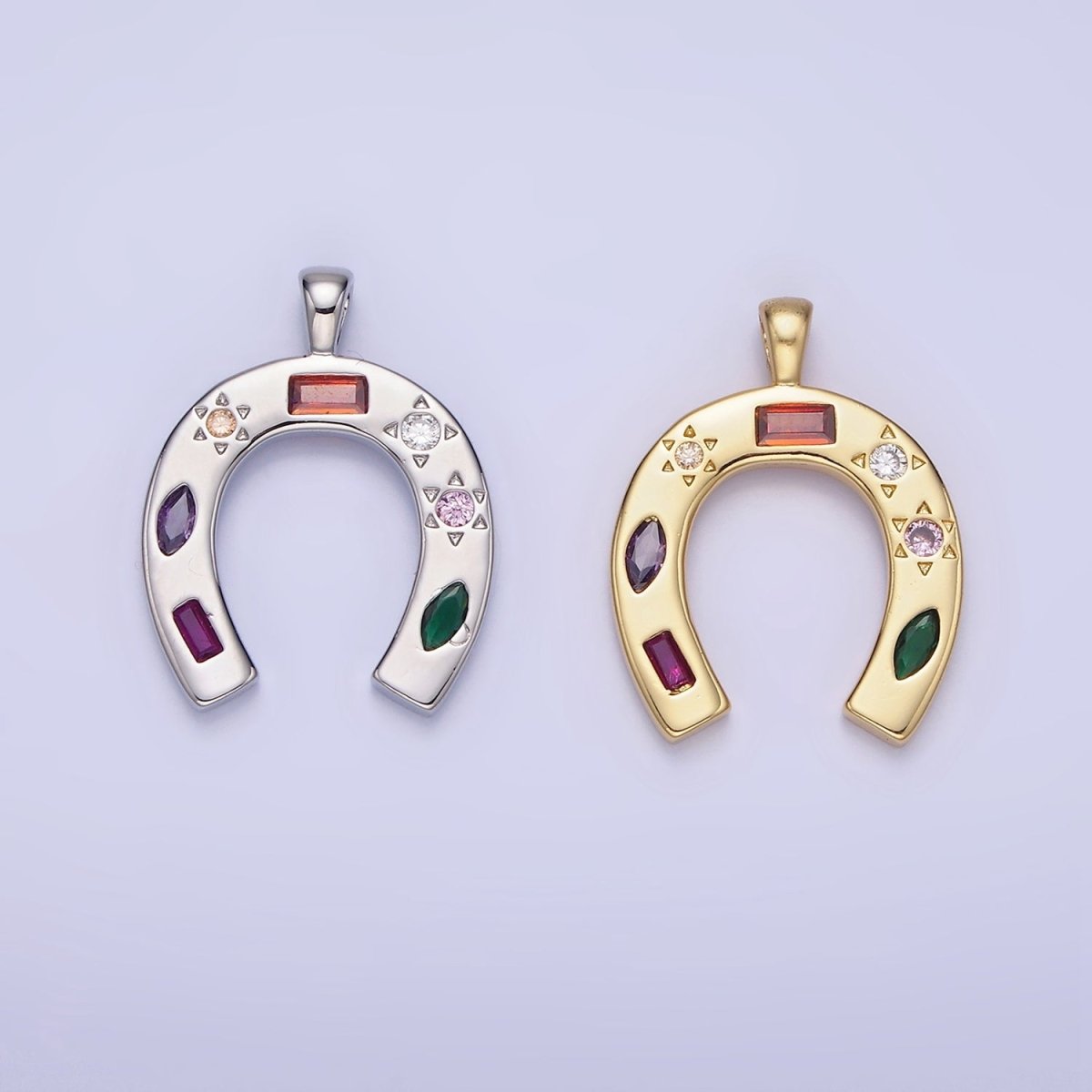 14K Gold Filled CZ Multicolor Celestial Sun Horseshoe Pendant in Gold & Silver | AA1128