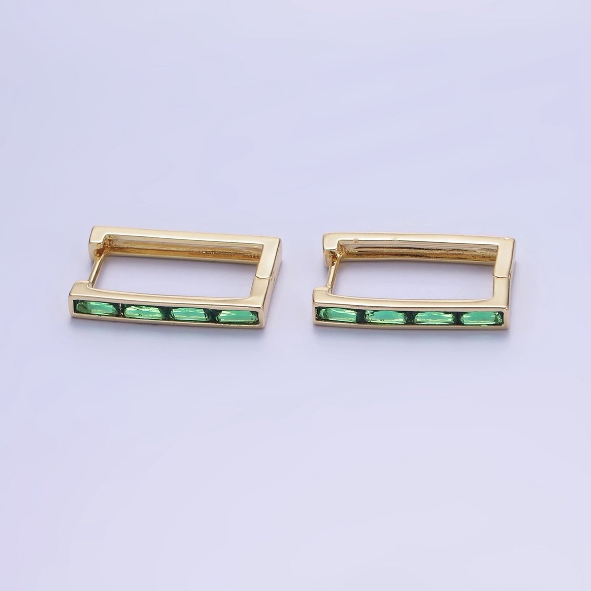 14K Gold Filled Green Baguette CZ Lined Rectangular Hoop Earrings | AB1340 - AB1342