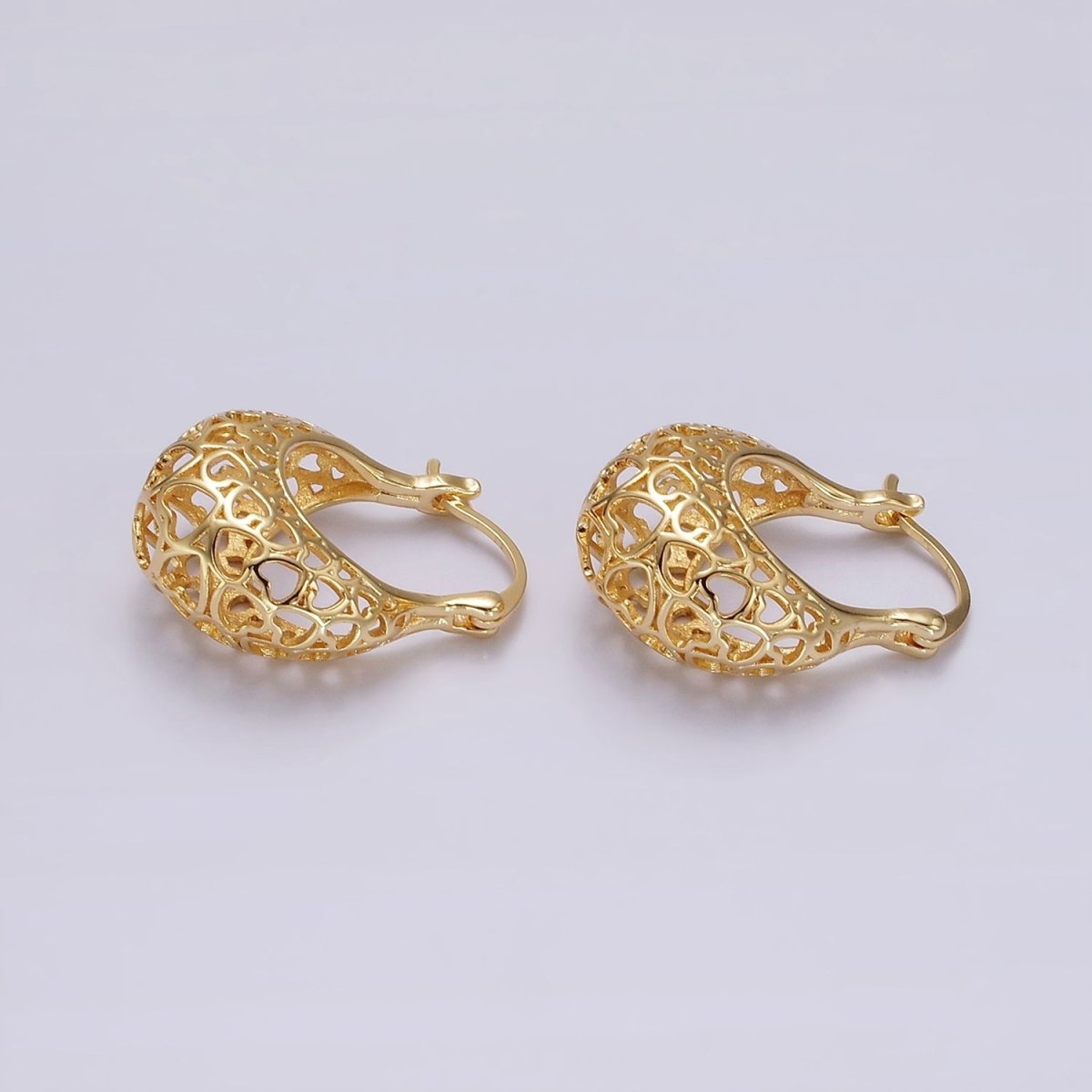 14K Gold Filled Heart Filigree Open Dome French Lock Latch Hoop Earrings | AE218