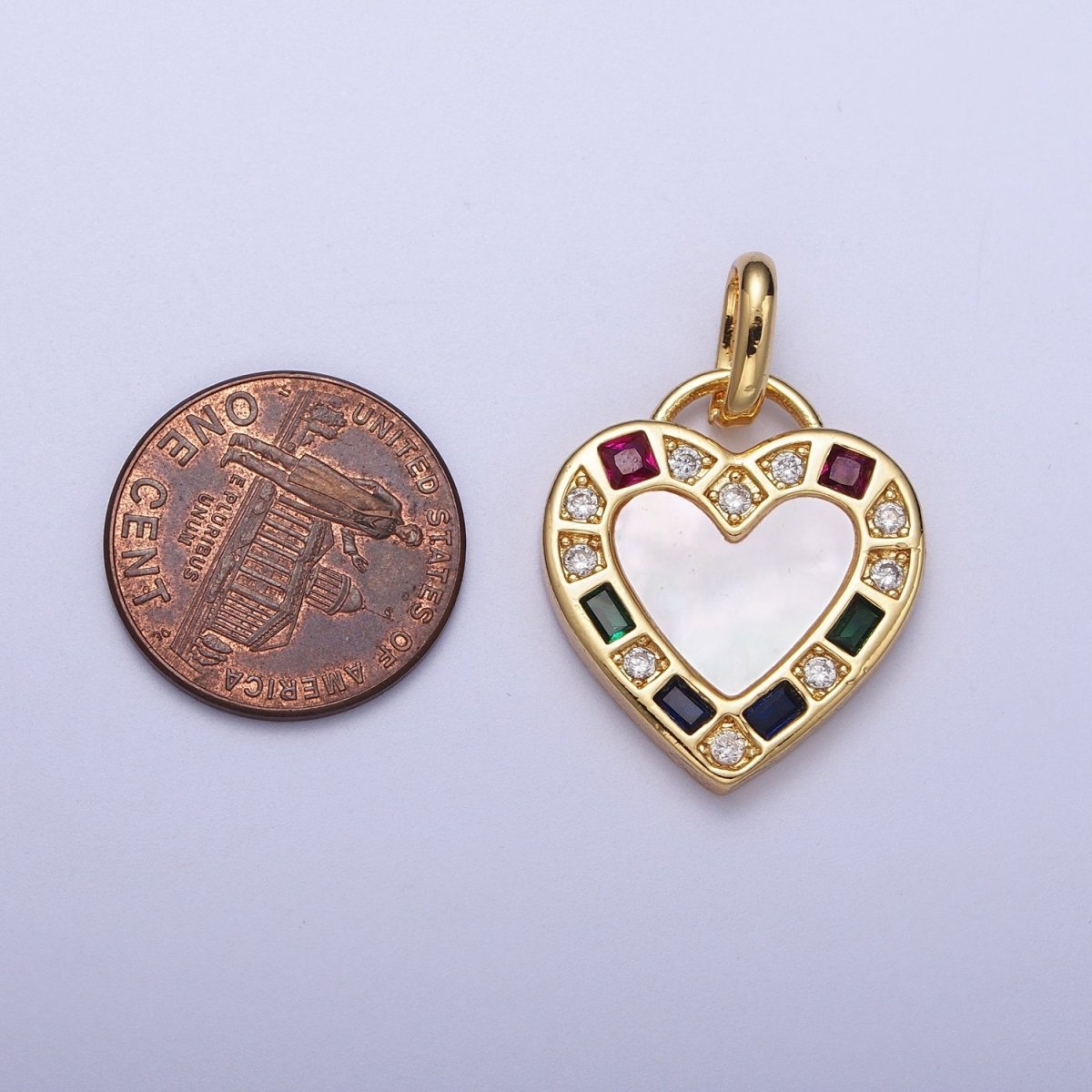 14K Gold Filled Heart Love Multicolor CZ Shell Pearl Pendant I-580