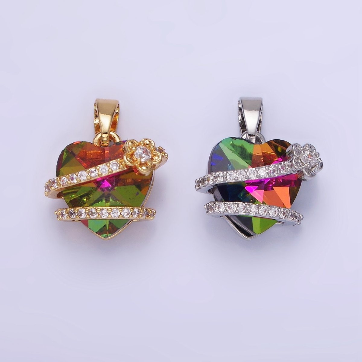 14K Gold Filled Heart Multicolor Micro Paved CZ Band Flower Pendant in Gold & Silver | AA1159