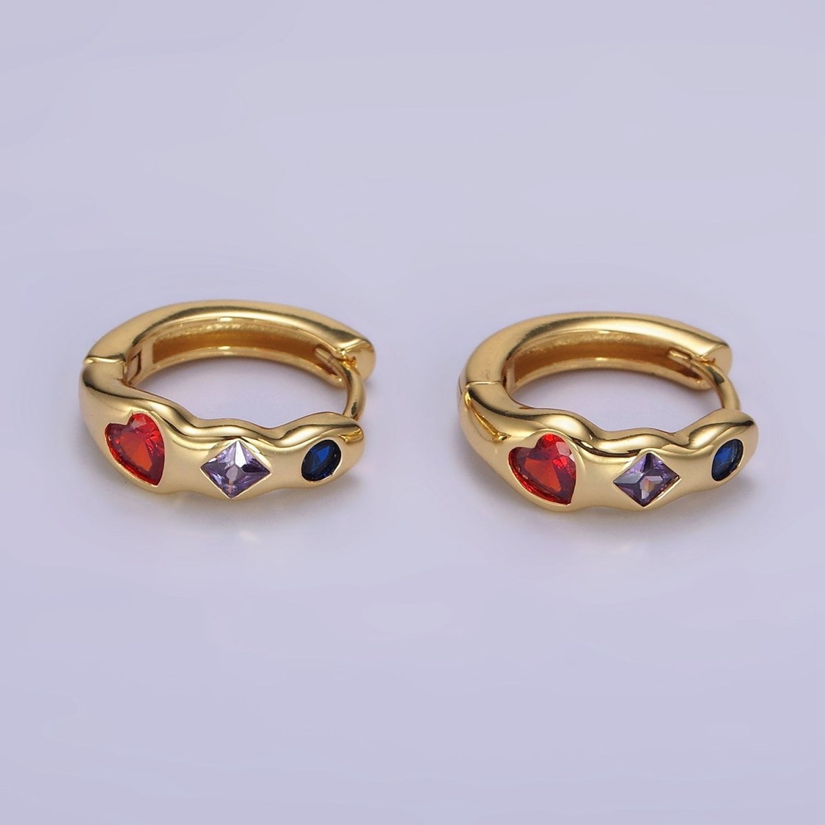 14K Gold Filled Heart Rhombus Round Multicolor CZ Wavy 15mm Huggie Earrings | AE113