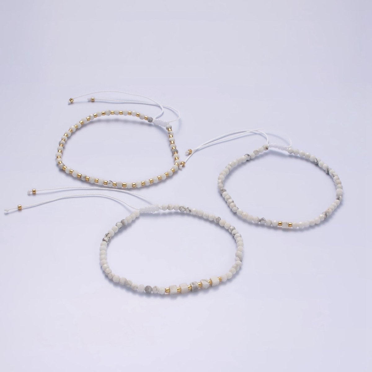 14K Gold Filled Howlite Multifaceted White Cotton String Slider Bracelet | WA-2010 - WA-2012 Clearance Pricing