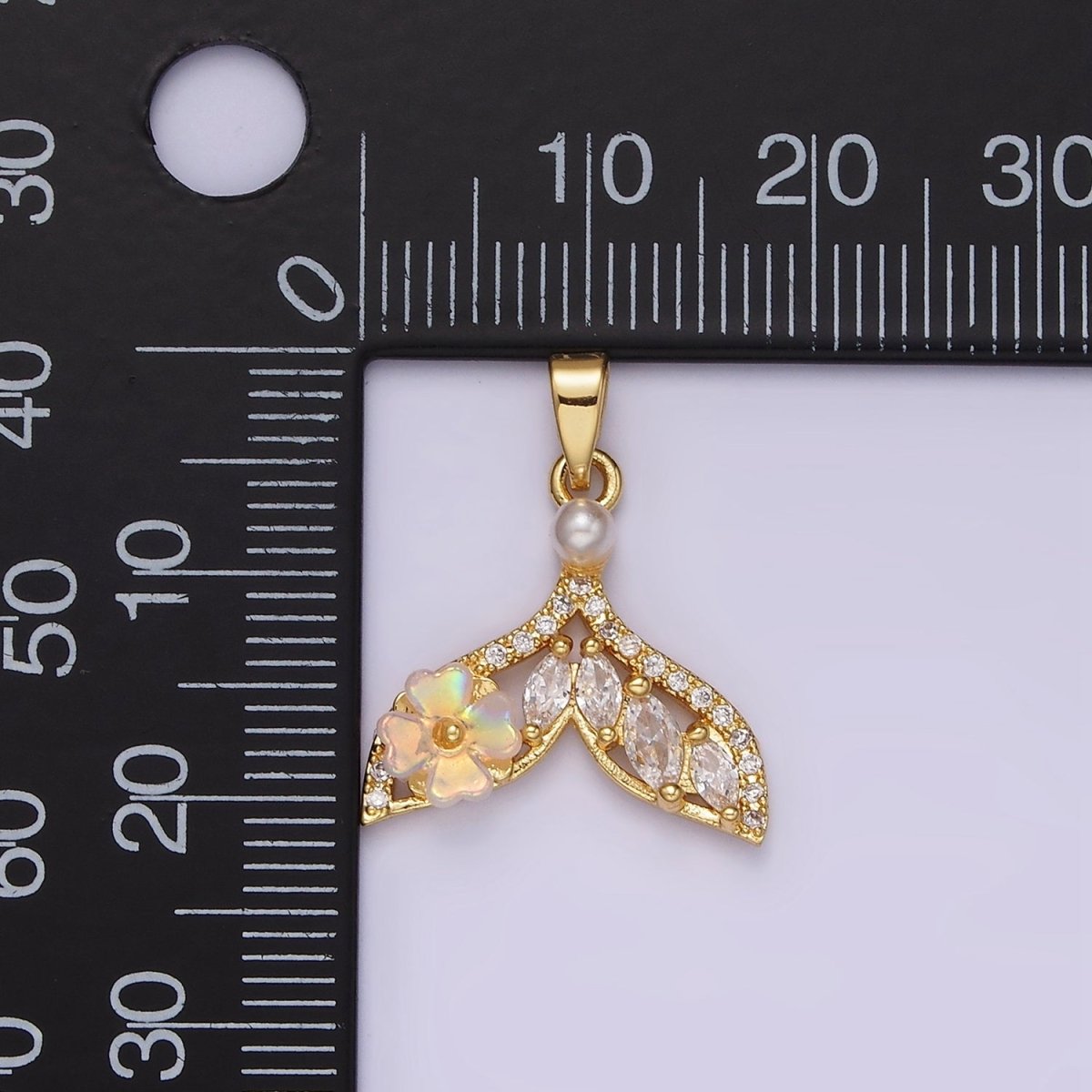 14K Gold Filled Iridescent Flower Marquise Micro Paved CZ Whale Tail Pearl Mermaid Tail Charm Pendant | N-1823