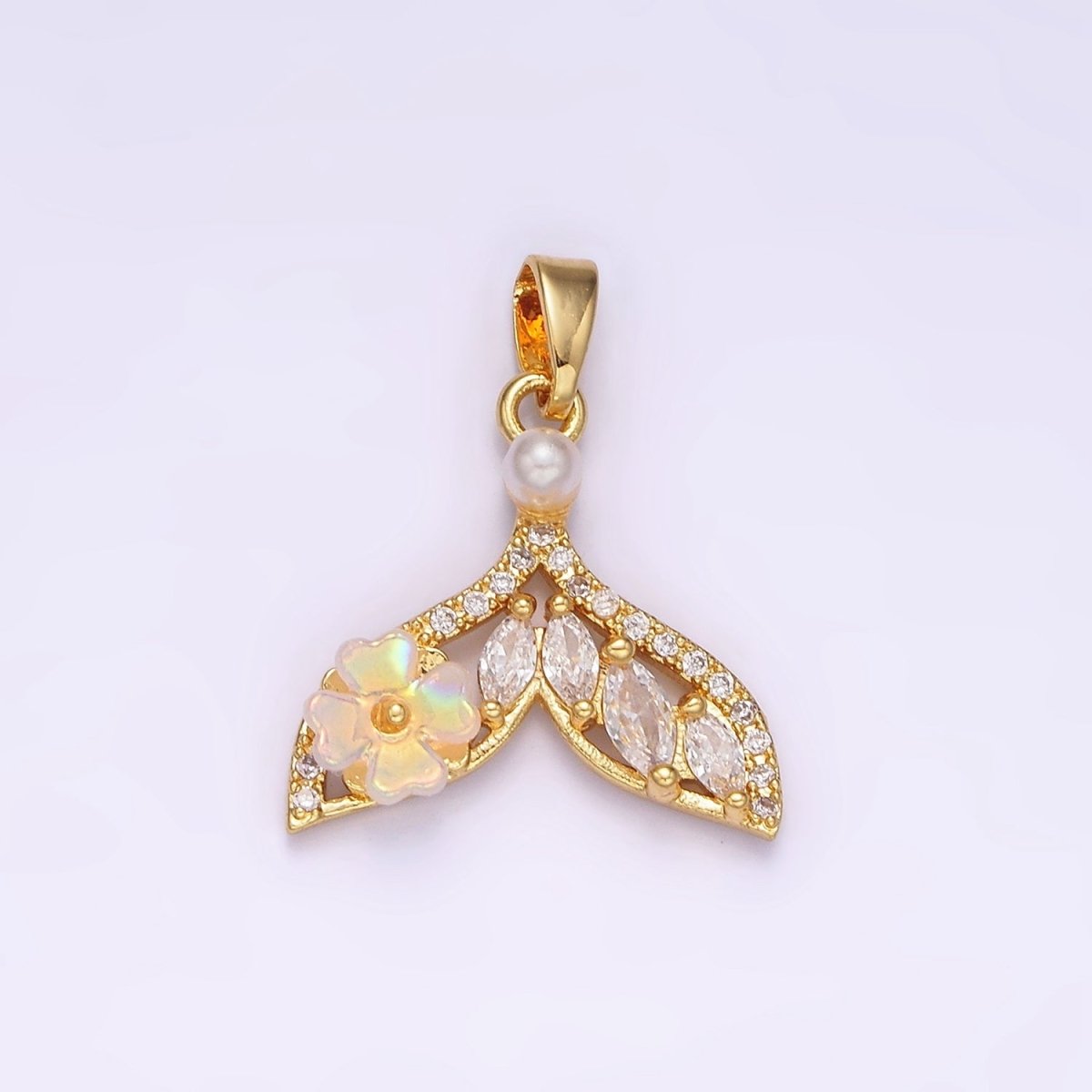 14K Gold Filled Iridescent Flower Marquise Micro Paved CZ Whale Tail Pearl Mermaid Tail Charm Pendant | N-1823