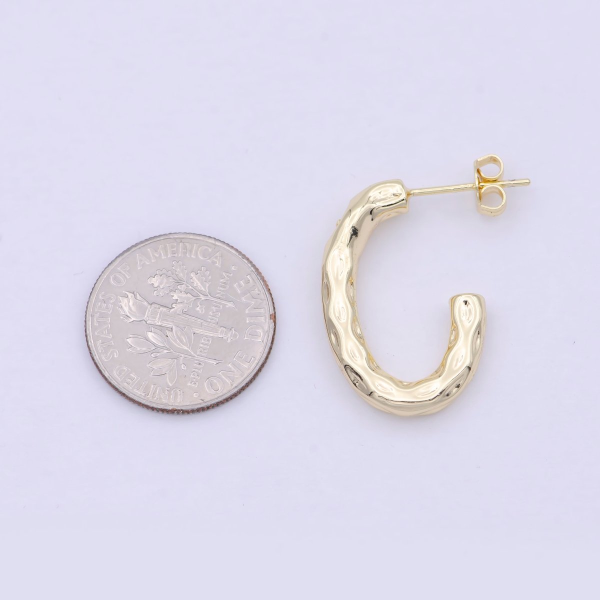 14K Gold Filled J Shaped Hammered Rustic Stud Hoops Earrings K-203