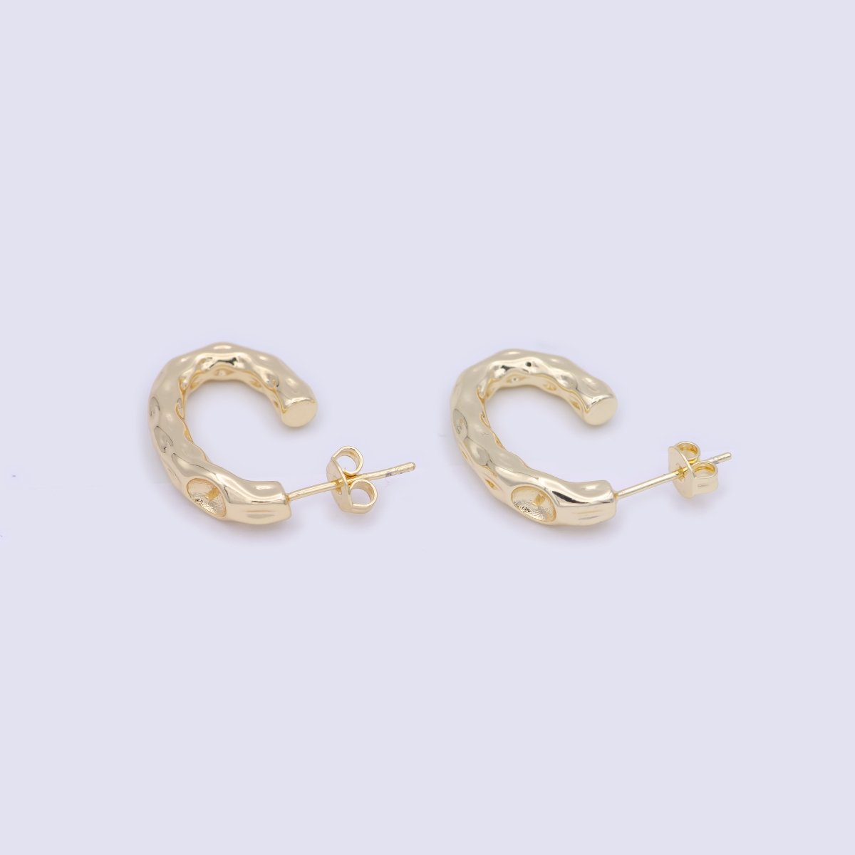 14K Gold Filled J Shaped Hammered Rustic Stud Hoops Earrings K-203