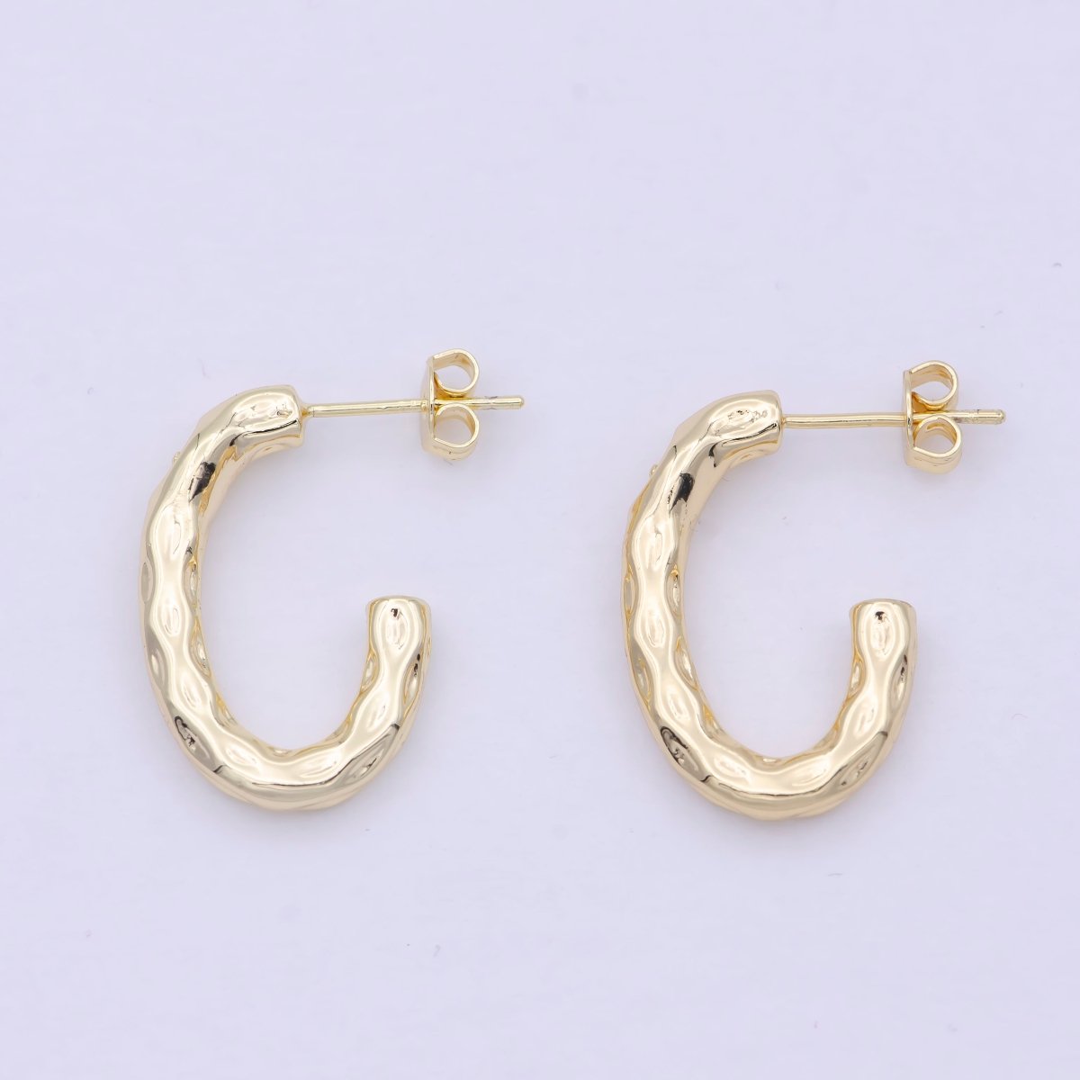 14K Gold Filled J Shaped Hammered Rustic Stud Hoops Earrings K-203