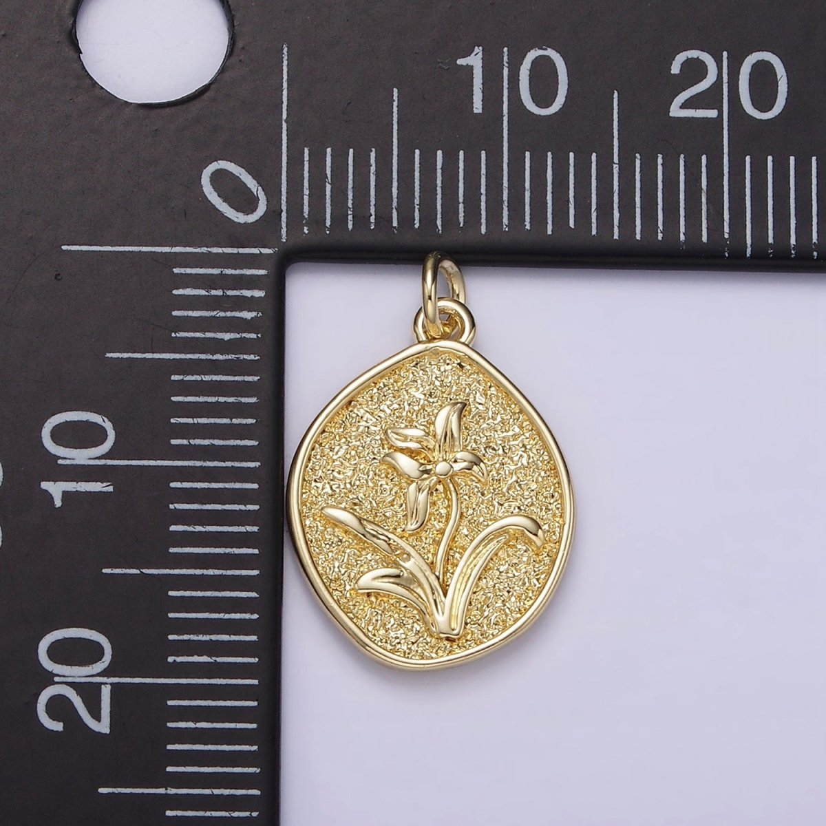 14K Gold Filled Lily May Birth Flower Hammered Stamped Personalized Double Sided Charm | AG245