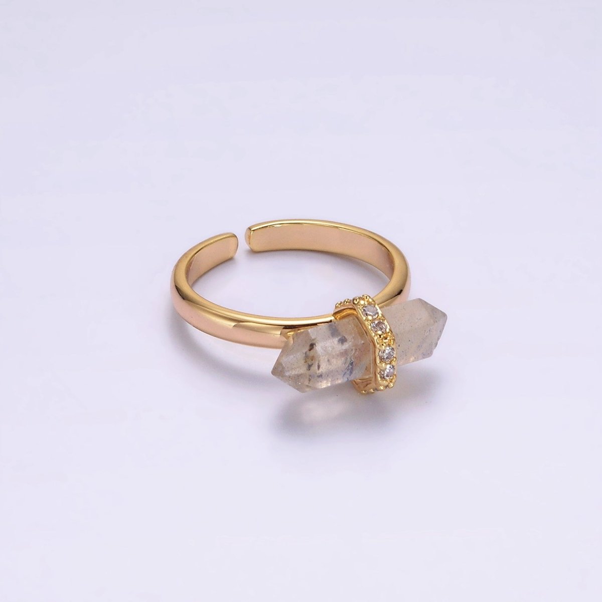 14K Gold Filled Micro Paved CZ Pointed Wand Citrine, Rose Quartz, Aquamarine, Amazonite, Howlite, Amethyst, Labradorite, Onyx Ring | O1035 - O1042