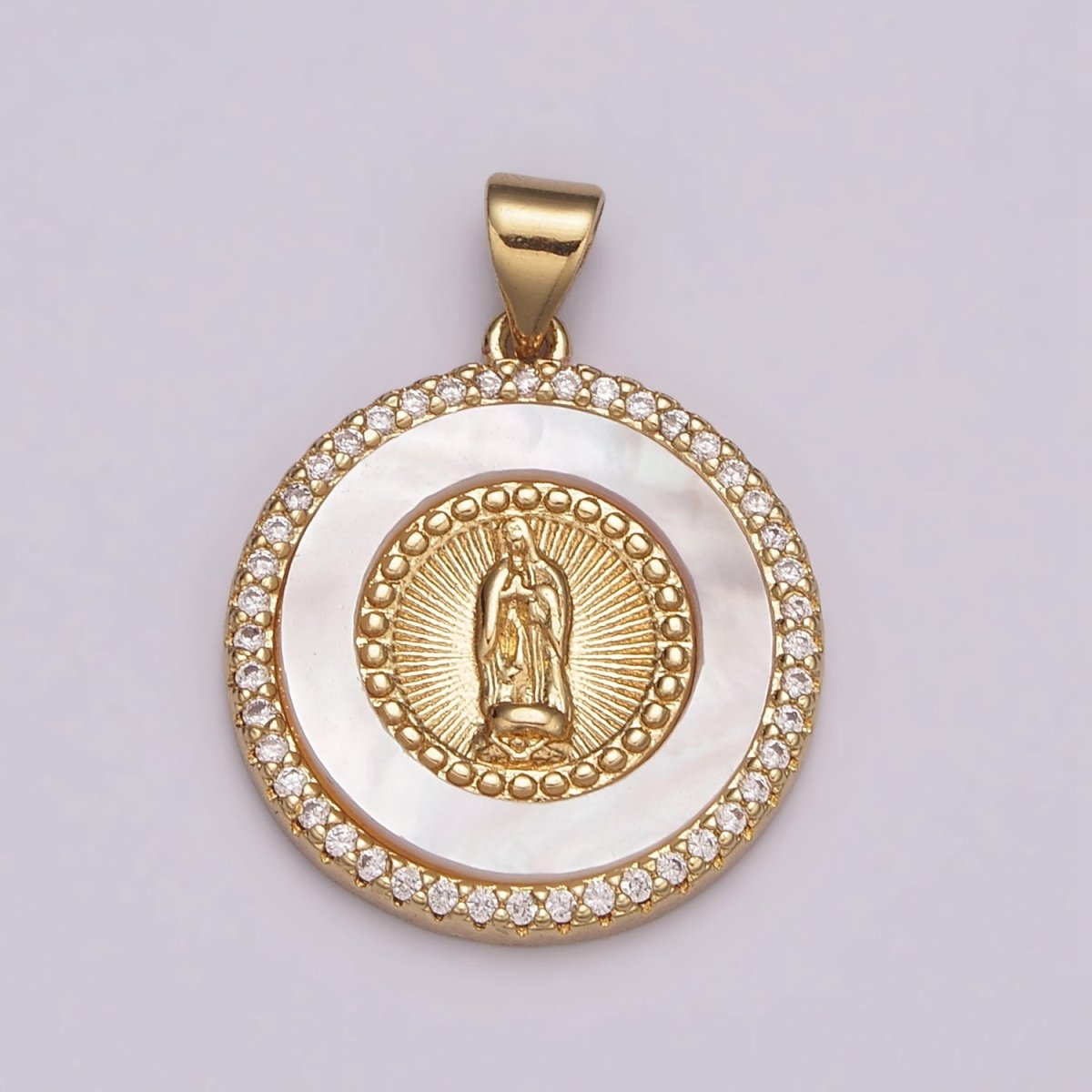 14K Gold Filled Miraculous Lady / Lady Guadalupe Micro Paved CZ Shell Pearl Round Pendant N-532 N-533
