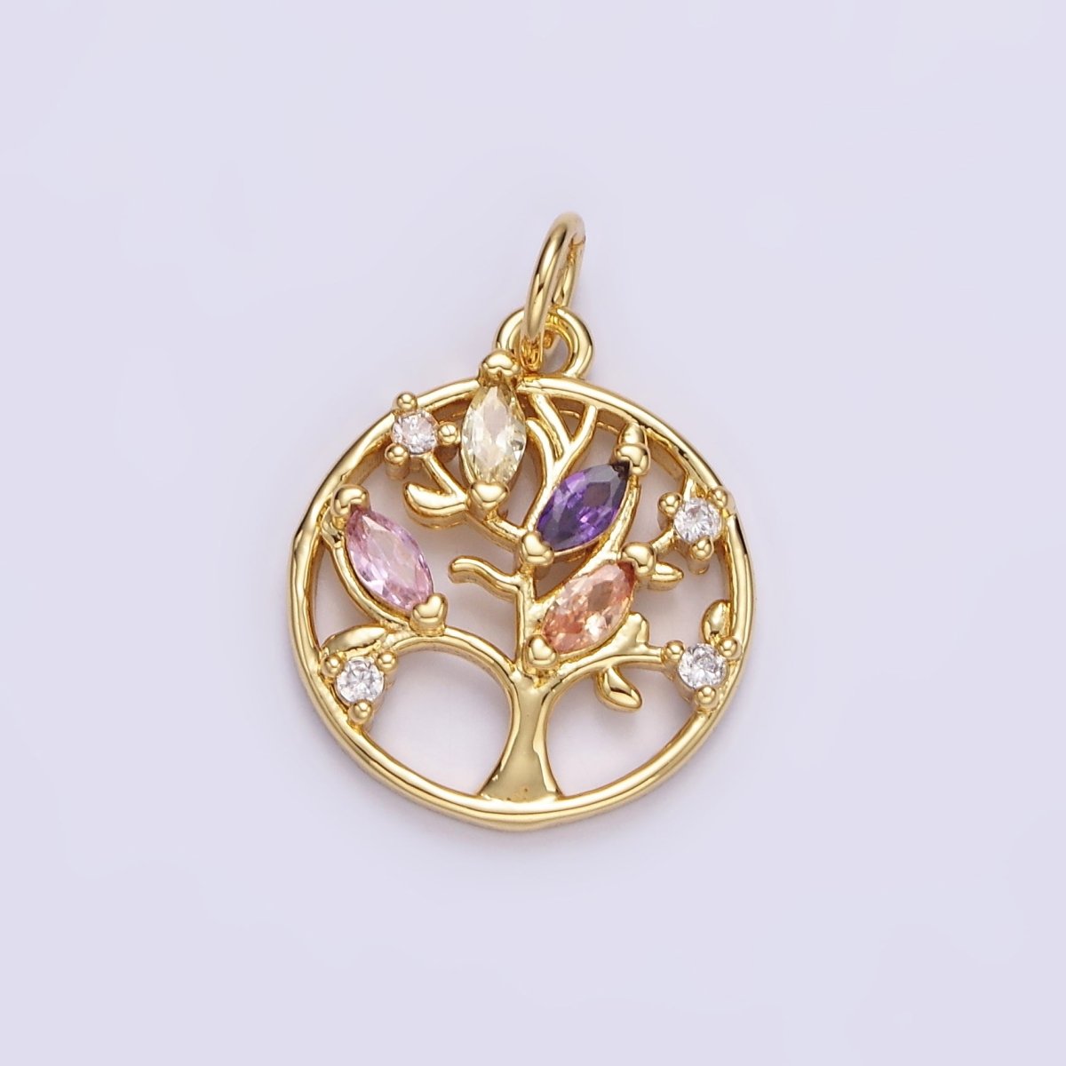 14K Gold Filled Multicolor Marquise CZ Leaf Tree Open Round Charm in Gold & Silver | N1500 N1501