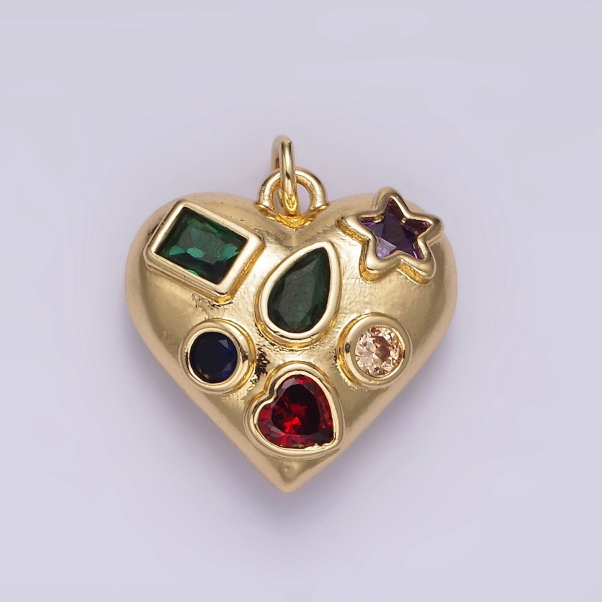 14K Gold Filled Multiple Geometric Multicolor CZ Chubby Filigree Heart Charm | AG522