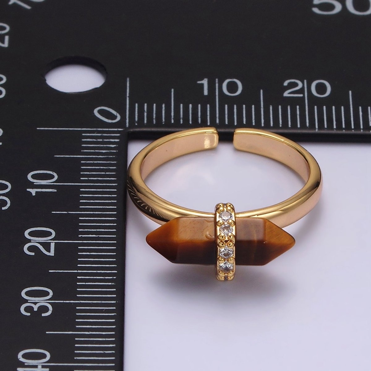 14K Gold Filled Natural Gemstone Pointed Wand Micro Paved CZ Ring | O698 - O707