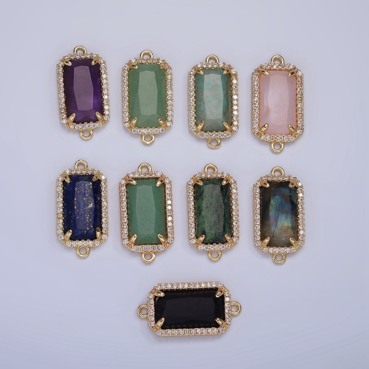 14K Gold Filled Natural Gemstone Rectangular Micro Paved CZ Charm Connector | G-084 - G-092