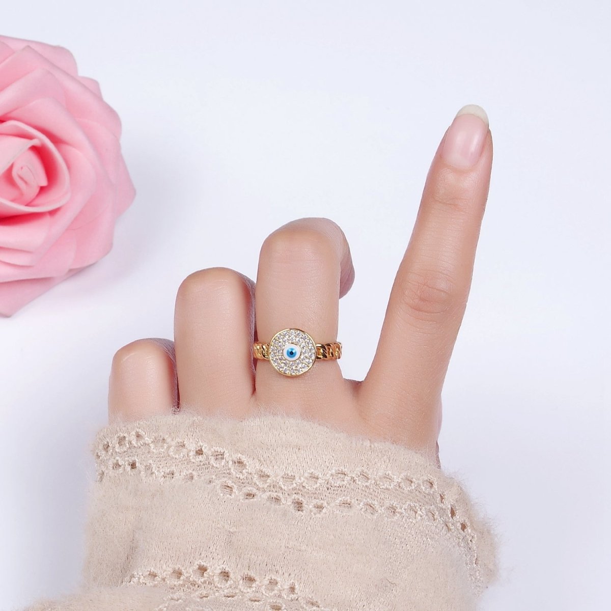 14K Gold Filled Red, White Evil Eye Enamel Round Clear Micro Paved CZ Curb Link Adjustable Ring | O-594 O-595