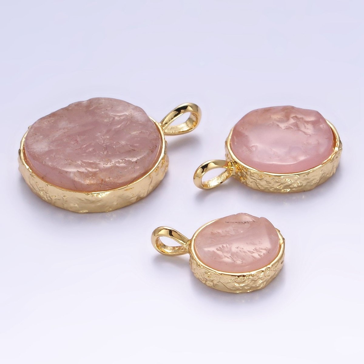 14K Gold Filled Rose Quartz Gemstone Hammered Bezel Pendant | I653 I654