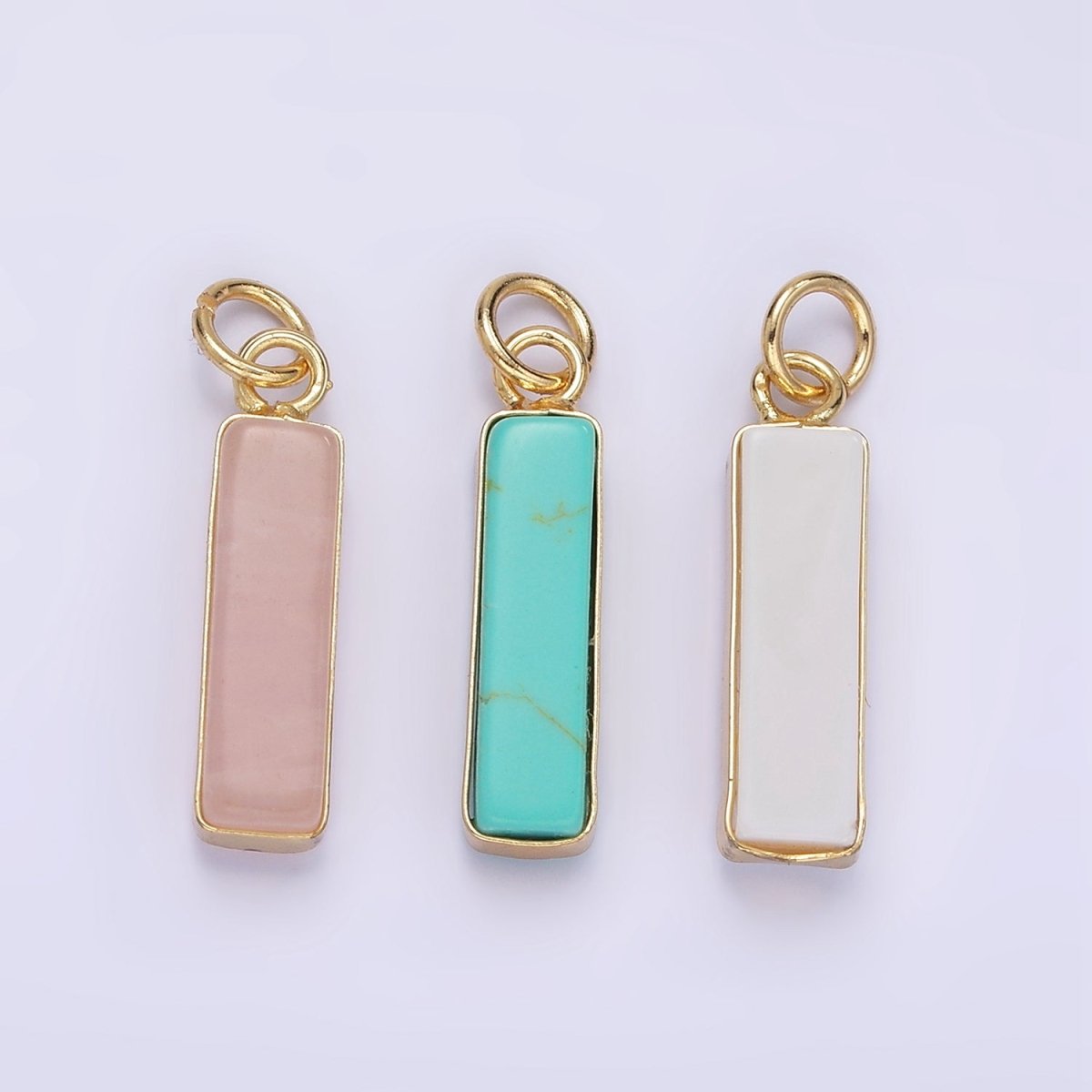 14K Gold Filled Rose Quartz, Turquoise, Shell Pearl Rectangular Tube Bezel Charm | D564