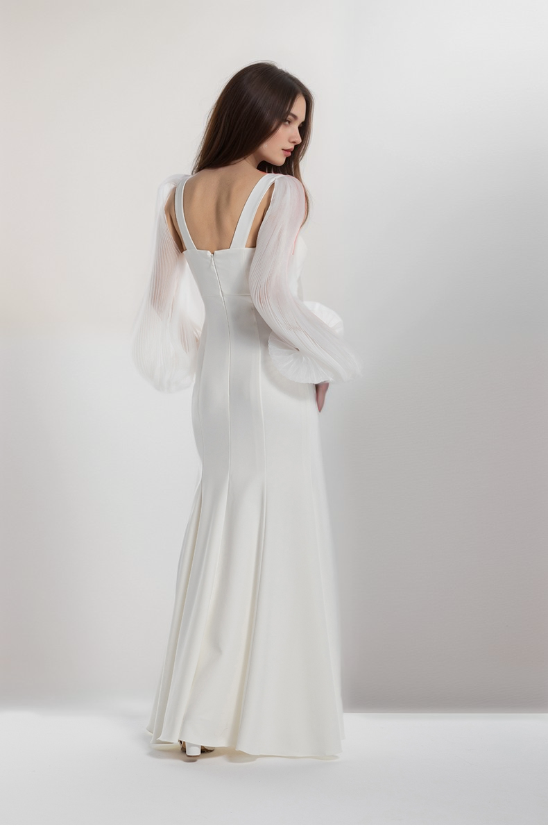 Ethereal Sculpted Bust Mermaid Gown with Sheer Balloon Sleeves