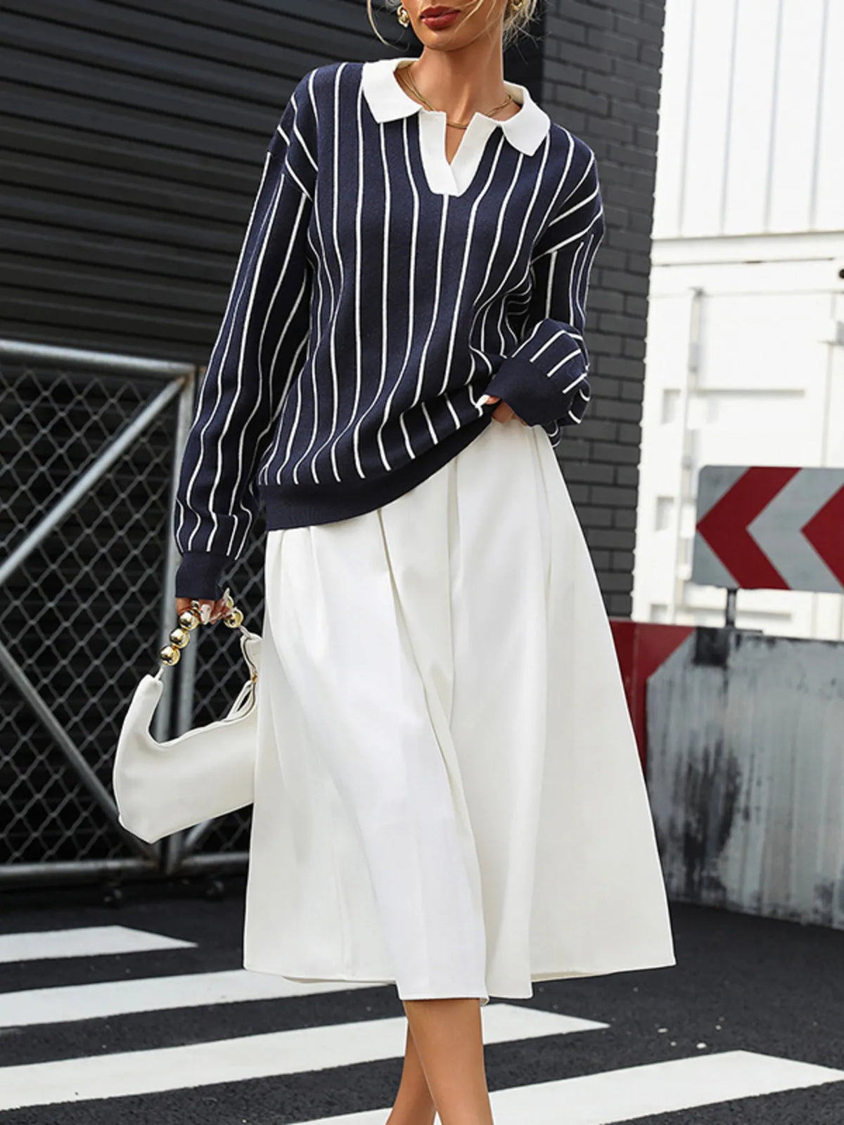 Stripe Contrast Collar Long Sleeve Knit Top