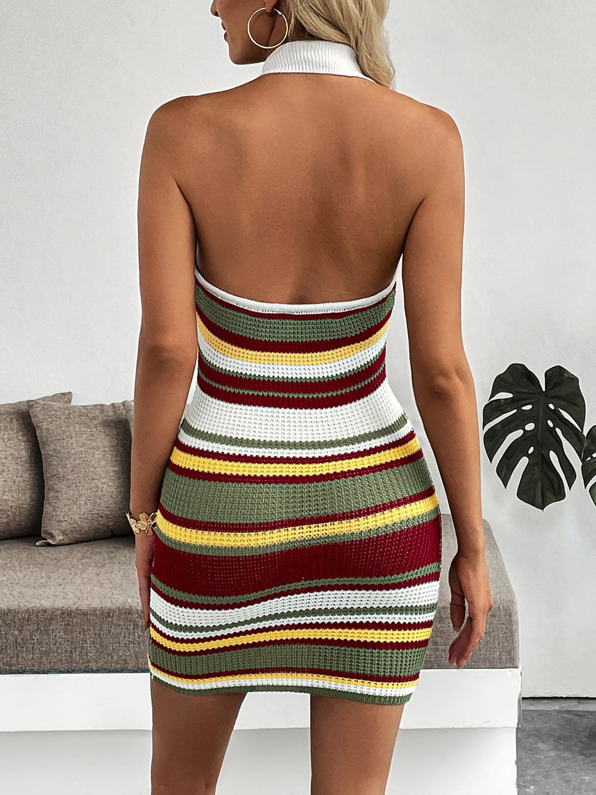 Multi-Color Striped Halter Neck Knit Sweater Dress