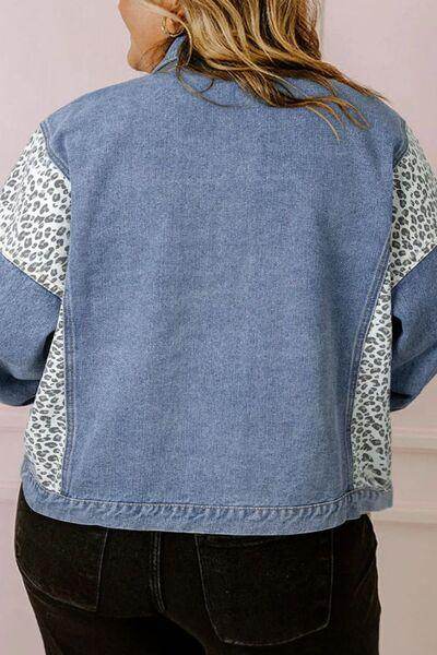 Plus Size Leopard Long Sleeve Denim Jacket for Women