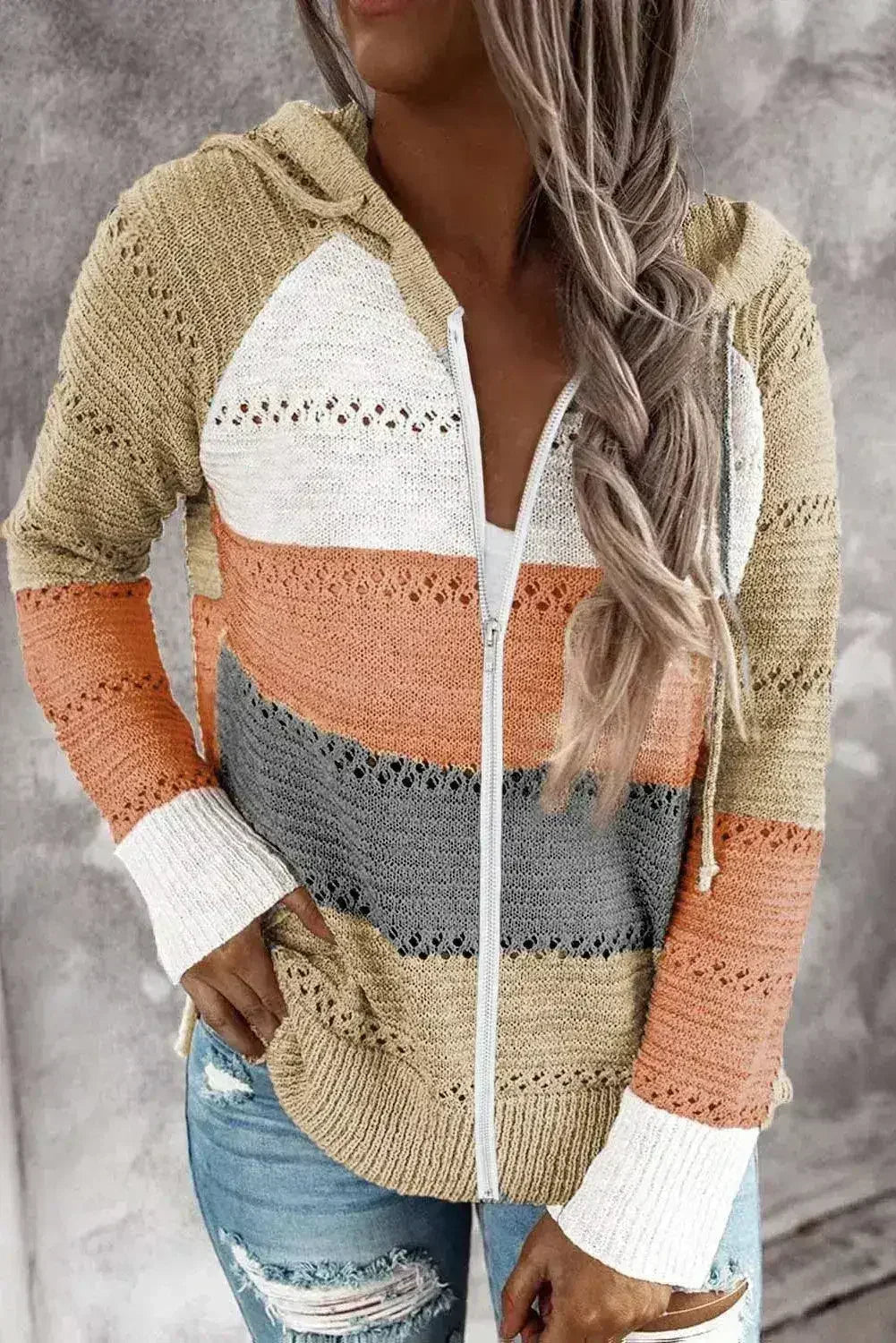 Womens Multicolor Zipped Front Colorblock Hollow-out Knit Hoodie