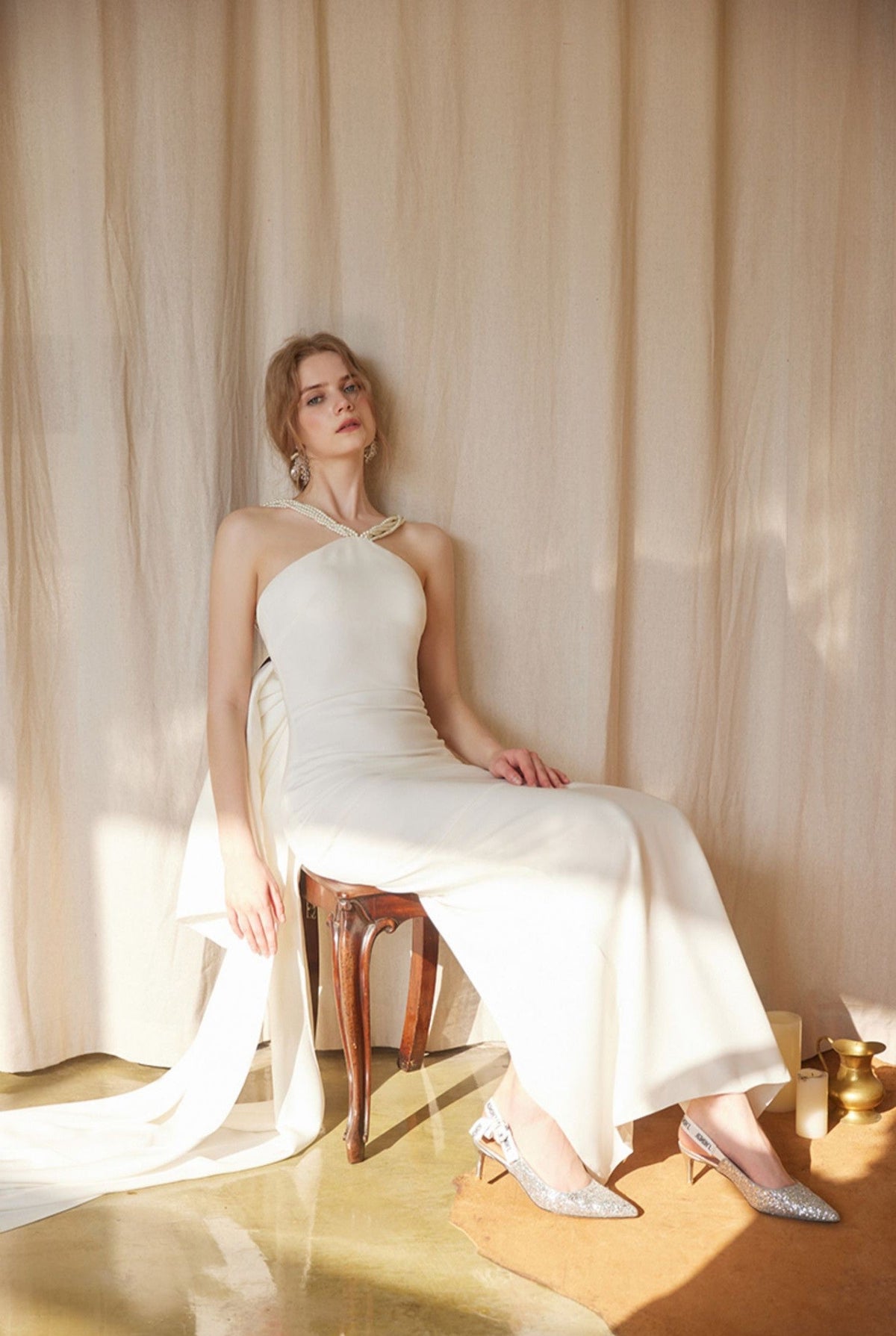 Pearl Strap Halter Satin Wedding Dress with Dramatic Back Bow and Train
