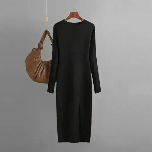 Autumn And Winter Long Sleeve Knitted Backless Round Neck Dress