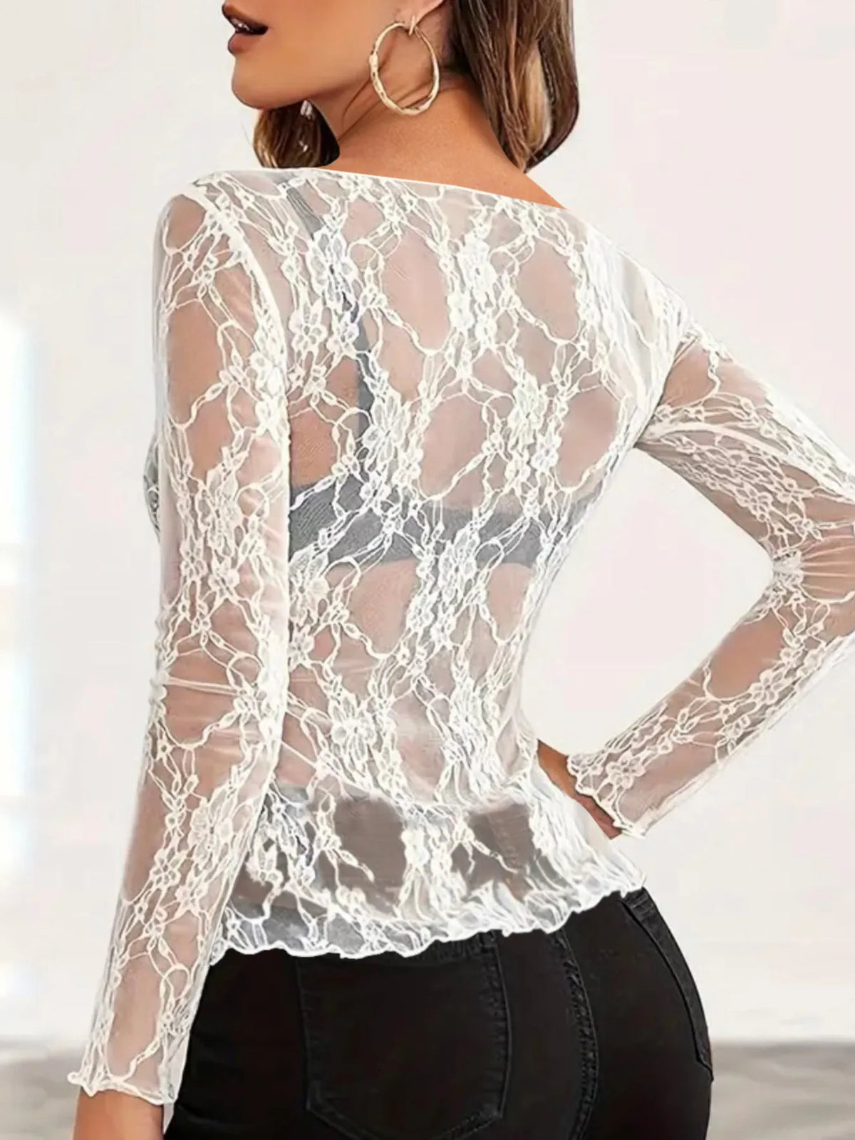 Mesh Floral Lace Long Sleeve T-Shirt