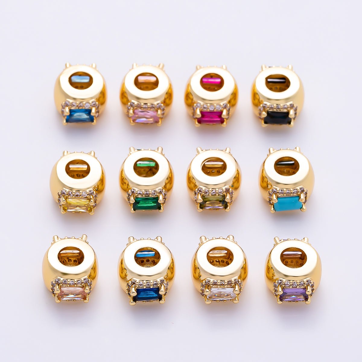 16K Gold Filled 10mm Birthstone Baguette Micro Paved CZ Chubby Rondelle Bead | Beads-00363 ~ Beads-00374