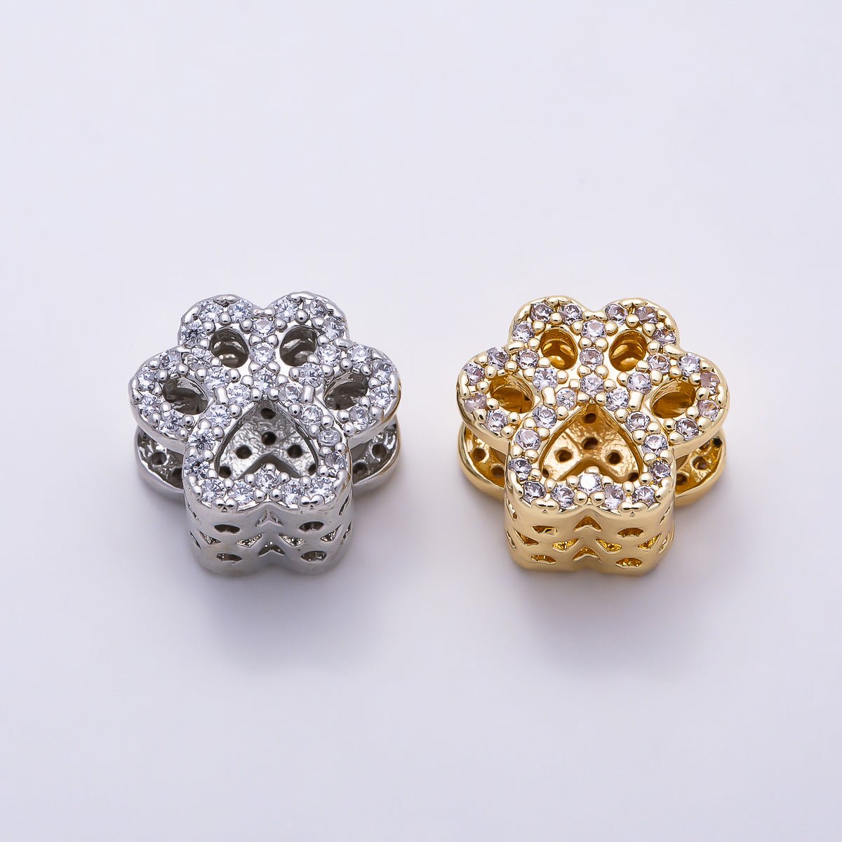 16K Gold Filled 10mm Micro Paved CZ Animal Paw Print Bead in Gold & Silver | Beads-00527 - Beads-00528