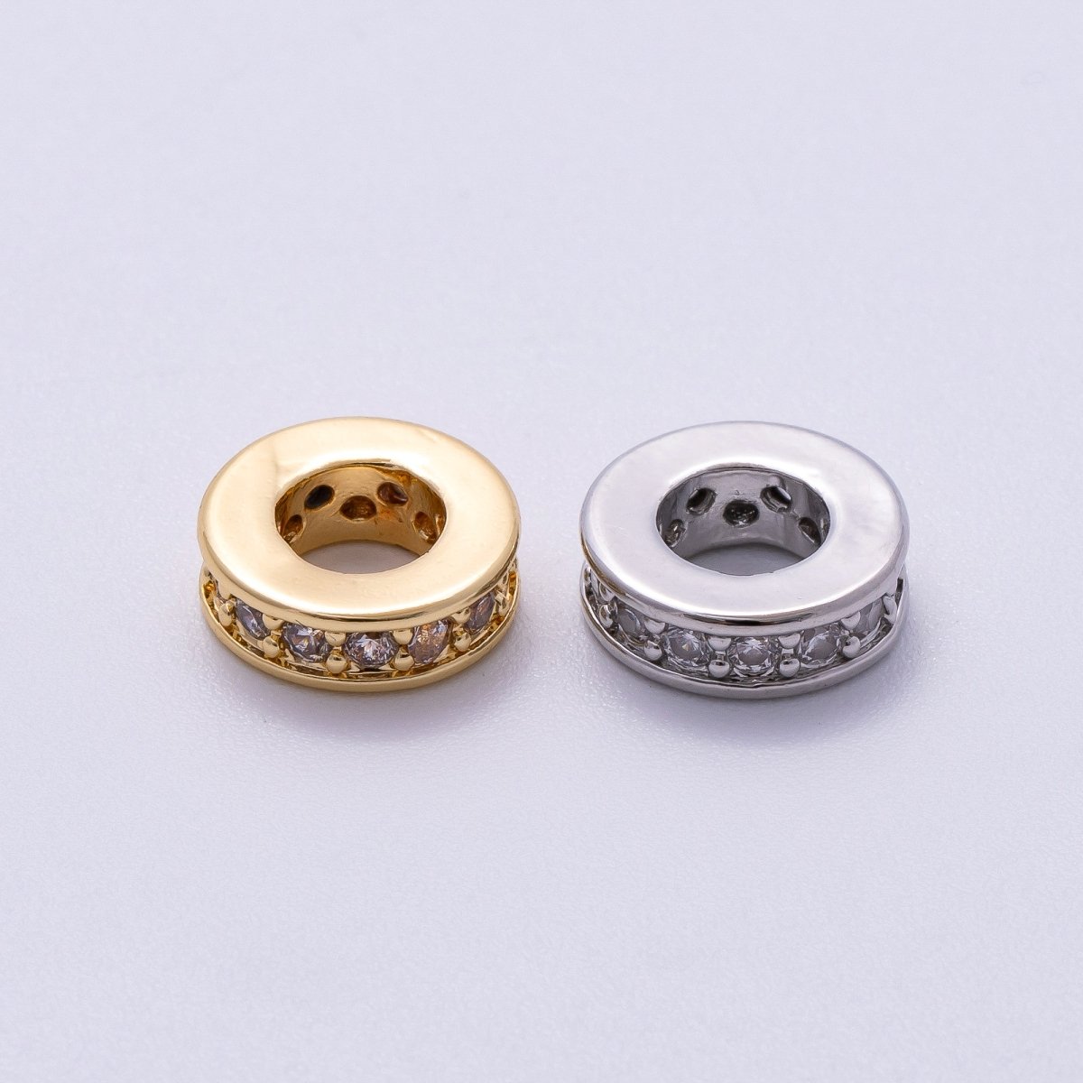 16K Gold Filled 10mm Micro Paved CZ Round Mini Spacer Rondelle in Gold & Silver | Beads-00241 Beads-00242