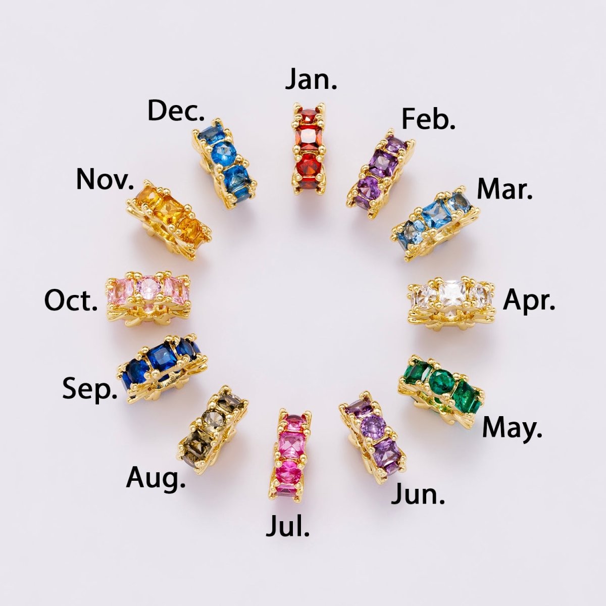 16K Gold Filled 10mm Personalized Baguette Birthstone CZ Rondelle Spacer Set | Beads-00089 - Beads-00100