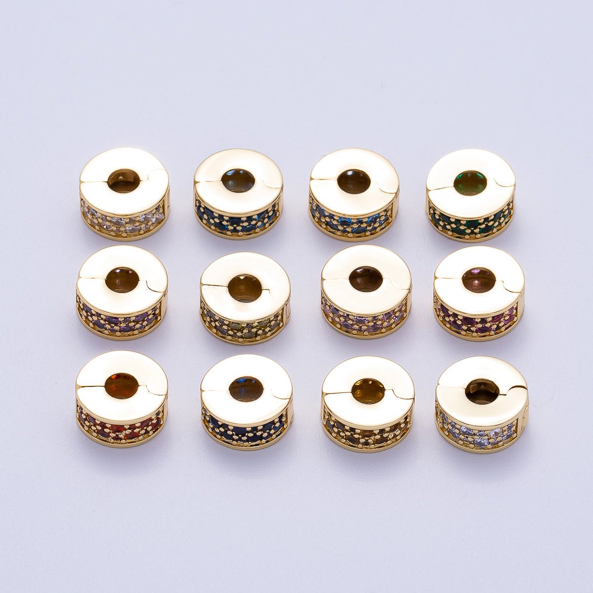 16K Gold Filled 10mm Snap Clip Open Micro Paved CZ Birthstone Spacer Rondelle Personalized Set | Beads-00220 ~ Beads-00231