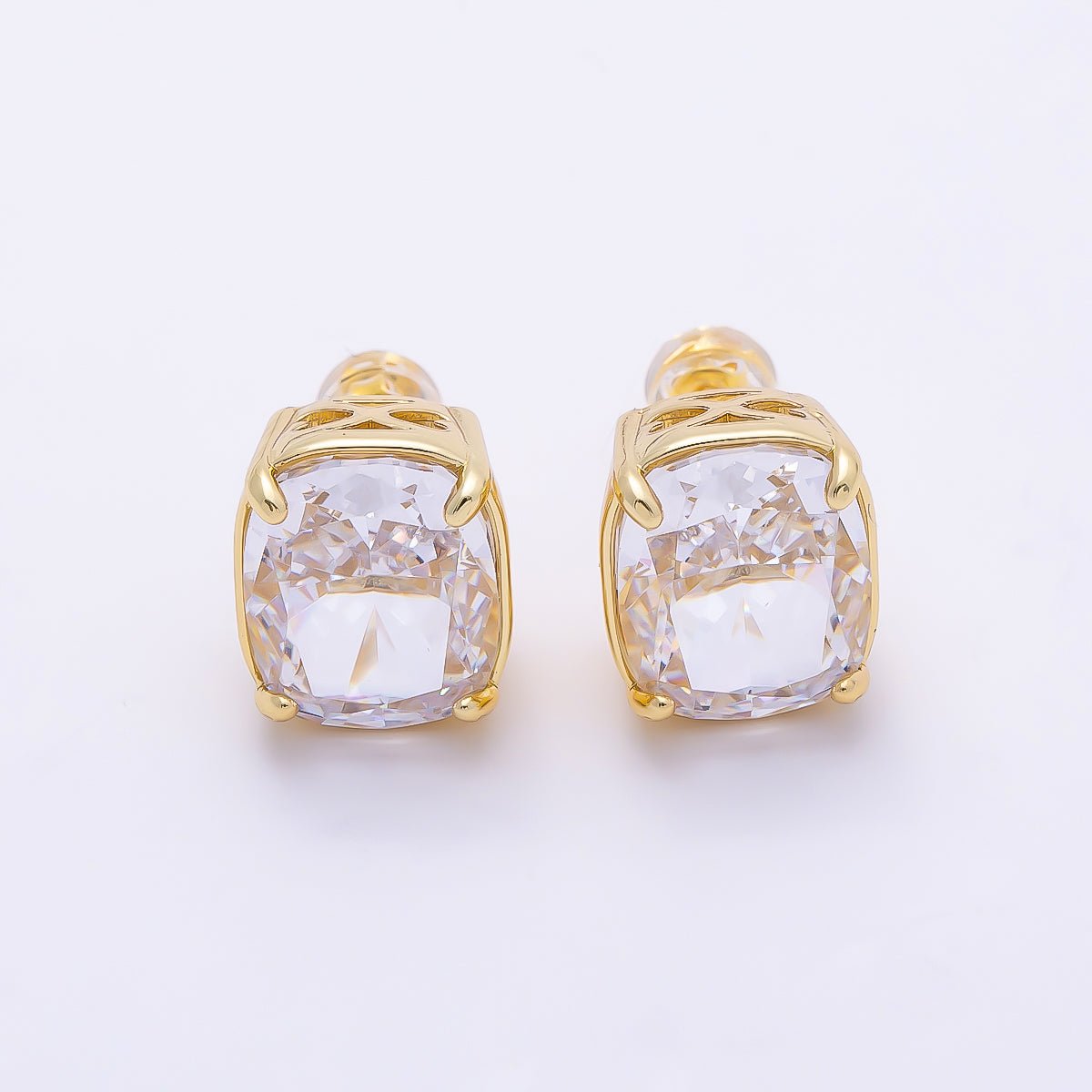 16K Gold Filled 11mm Clear CZ Rounded Oval Baguette Prong Stud | Earrings-00694