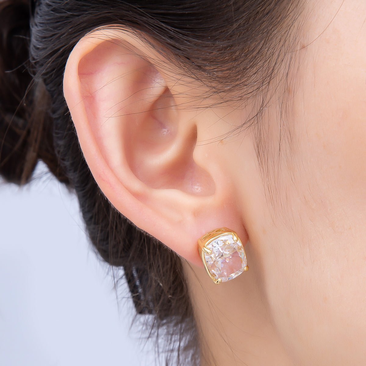 16K Gold Filled 11mm Clear CZ Rounded Oval Baguette Prong Stud | Earrings-00694