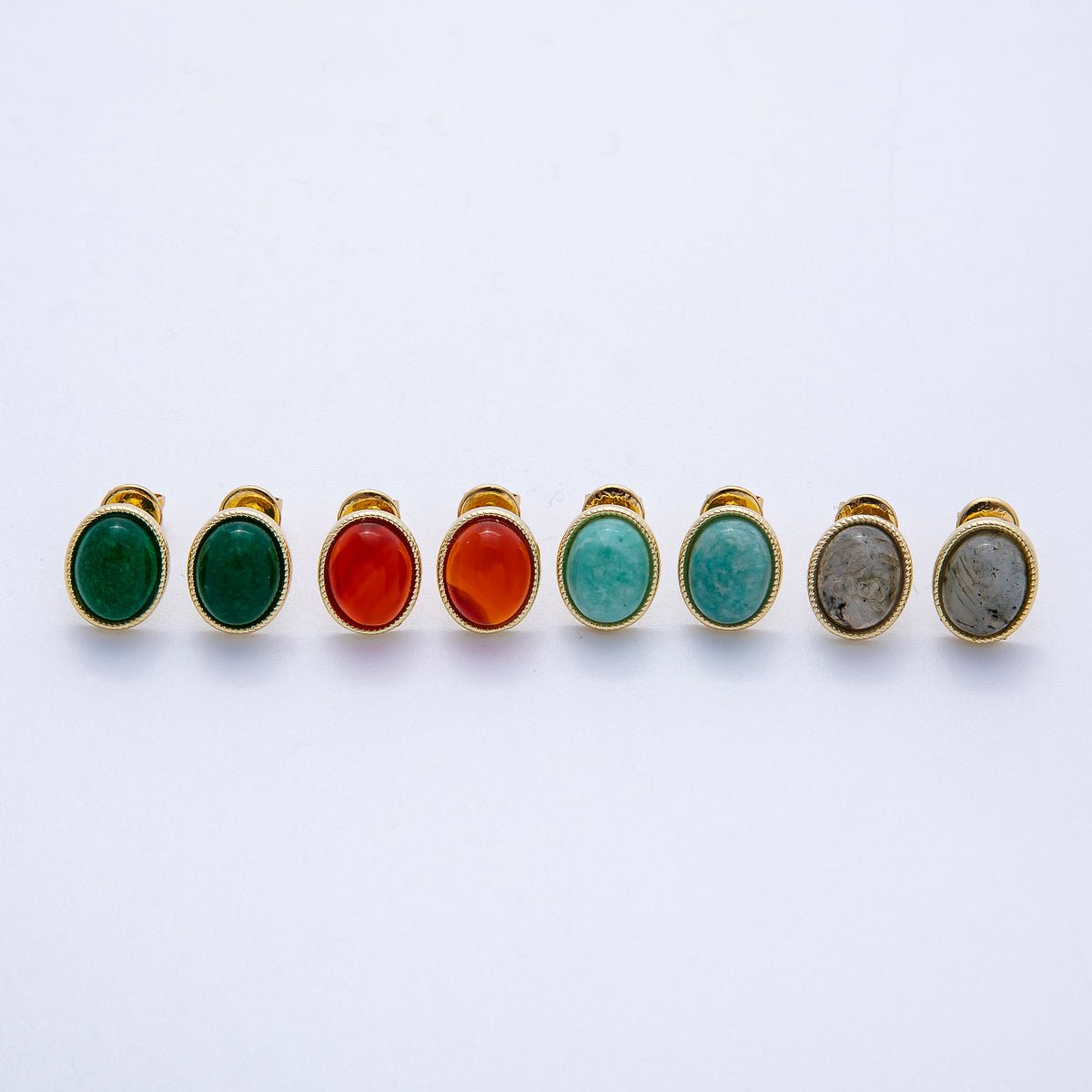 16K Gold Filled 12mm Amazonite, Carnelian, Green Agate, Labradorite Oval Gemstone Bezel Stud Earrings | EARRINGS-00234 - EARRINGS-00237