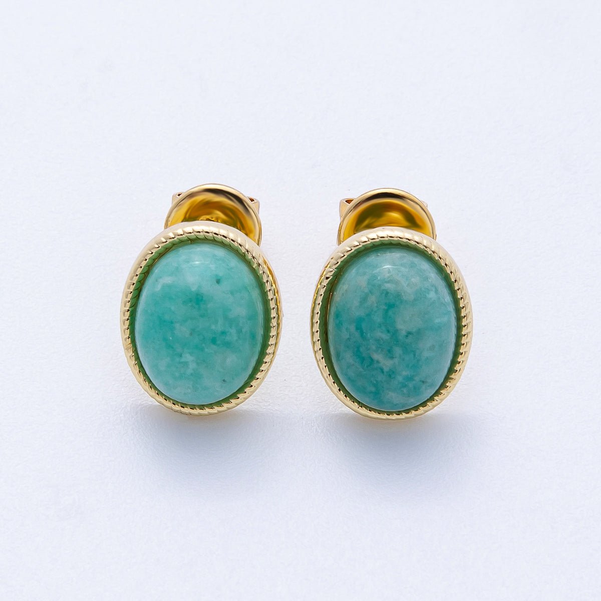 16K Gold Filled 12mm Amazonite, Carnelian, Green Agate, Labradorite Oval Gemstone Bezel Stud Earrings | EARRINGS-00234 - EARRINGS-00237