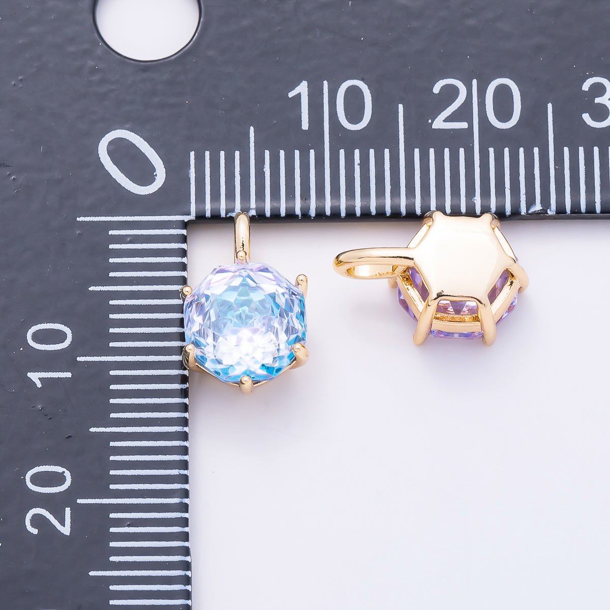 16K Gold Filled 13mm Blue, Pink, Purple, Clear, Yellow Round CZ Solitaire Charm | Charms-01062 ~ Charms-01068