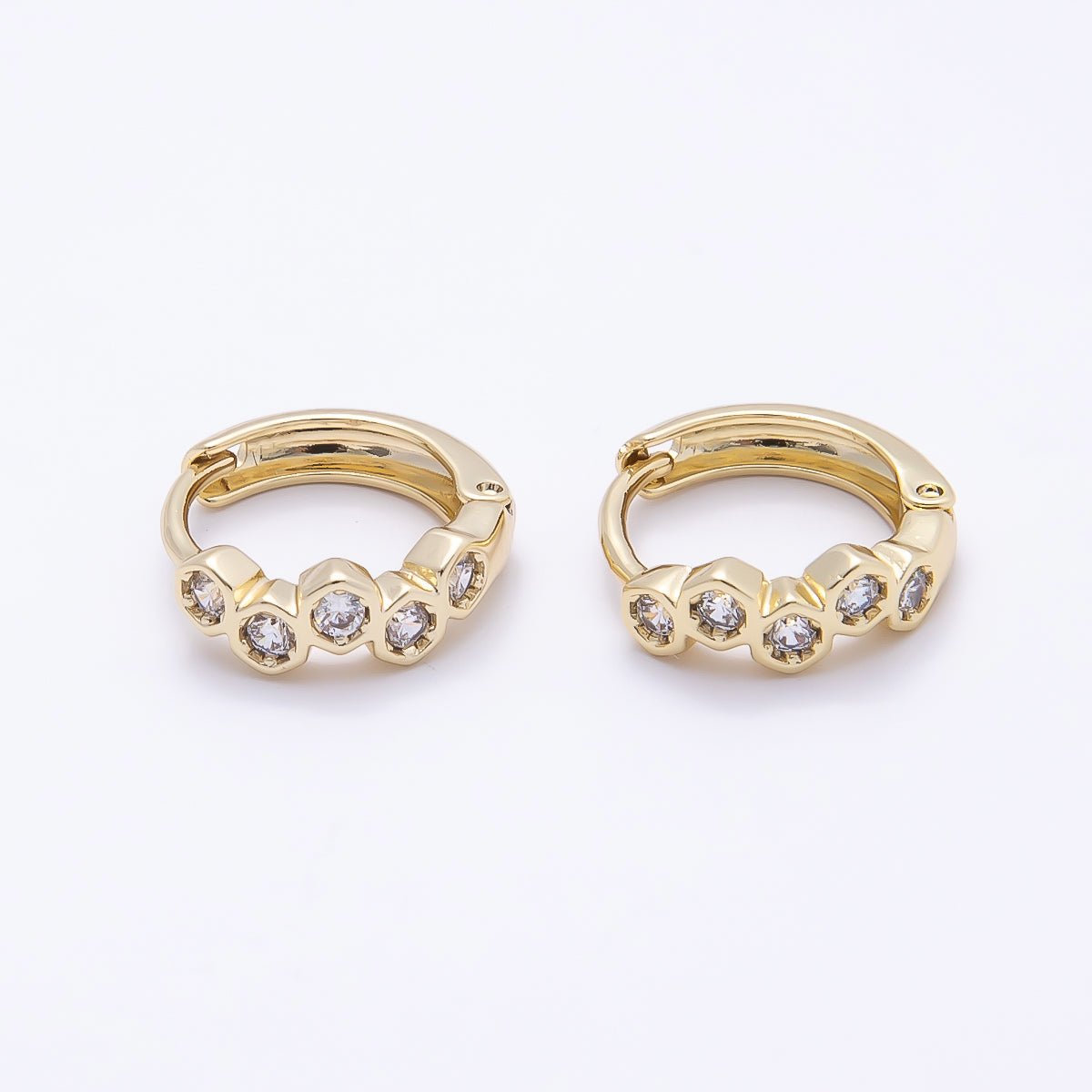 16K Gold Filled 13mm Clear CZ Hexagonal Bezel Huggie Earrings | Earrings-00430