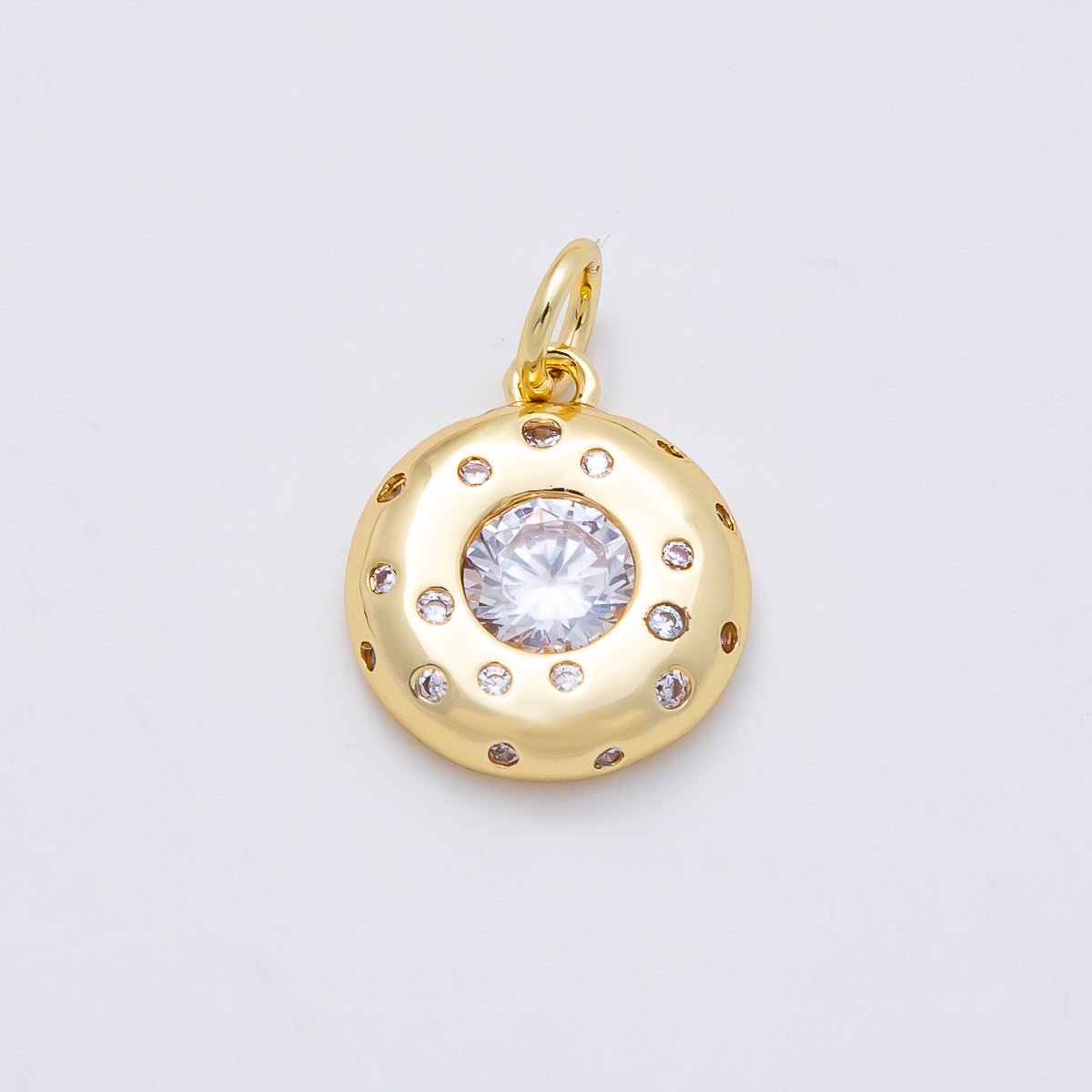 16K Gold Filled 13mm Clear CZ Round Dotted Bezel Charm | Charms-00979