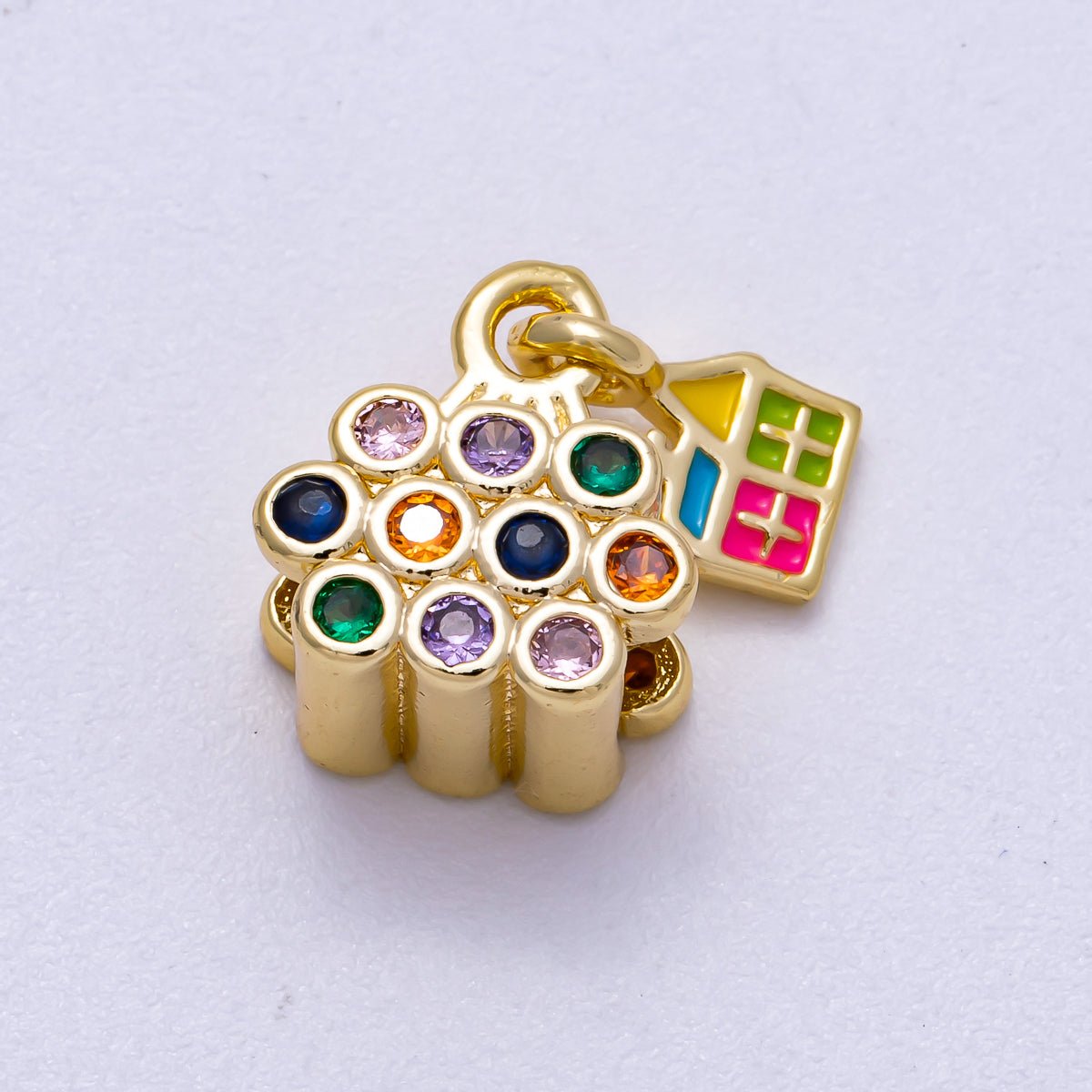 16K Gold Filled 13mm Multicolor CZ Enamel House Balloon Charm | Charms-00624