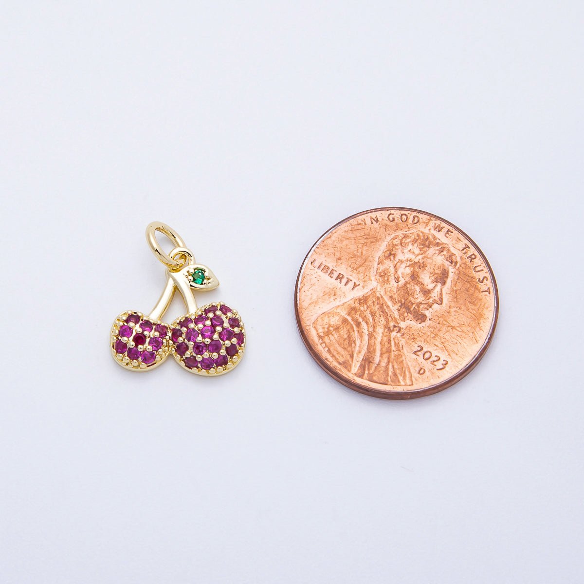16K Gold Filled 13mm Red Micro Paved CZ Cherry Fruit Charm | Charms-00654