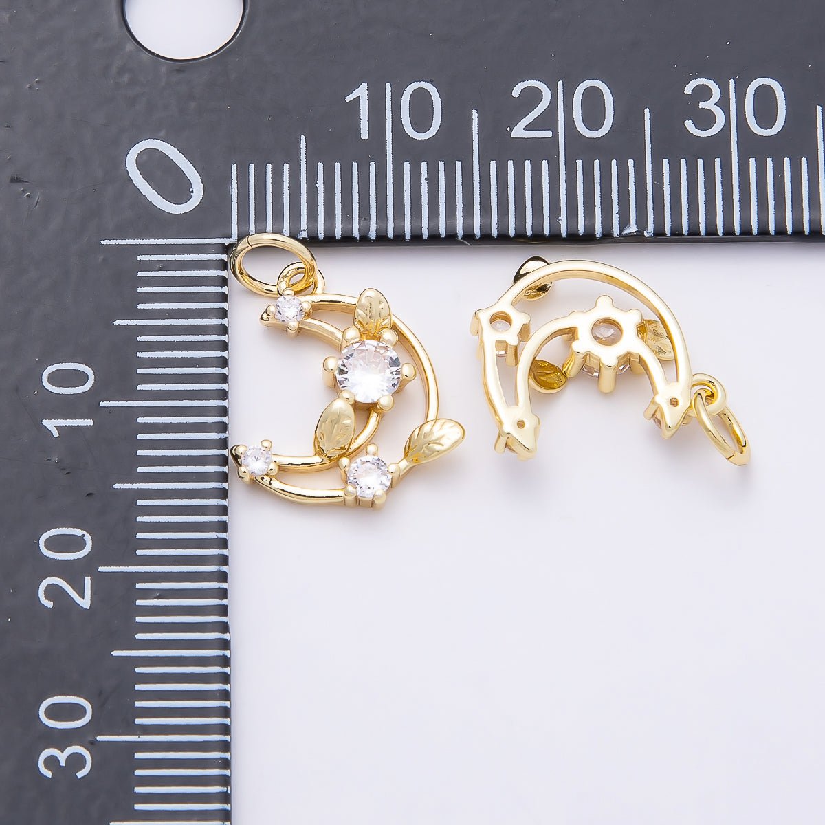 16K Gold Filled 14mm Clear CZ Celestial Crescent Moon Leaf Open Charm | Charms-00866